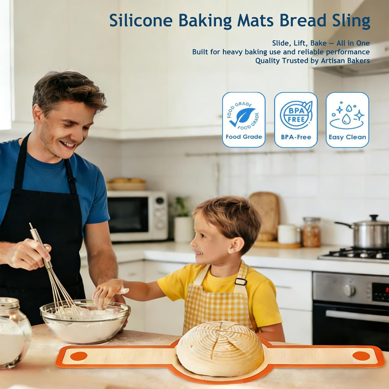 Silicone Bread Sling Oval and round for Dutch Oven, KITMAL Non Stick Reusable Silicone Baking Mat with Long Handles Sourdough Bread Baking Supplies and Making Tools, Orange