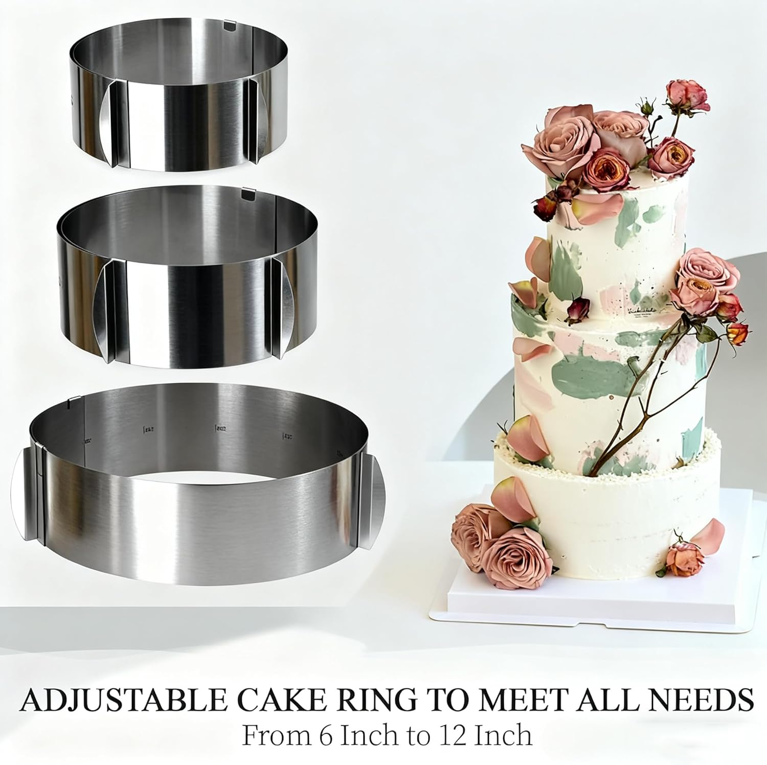 Cake Ring Adjustable Extra High 5.9 Inch - Stable Stainless Steel Baking Ring - Cake Ring with Precise Scaling Inside image number 1