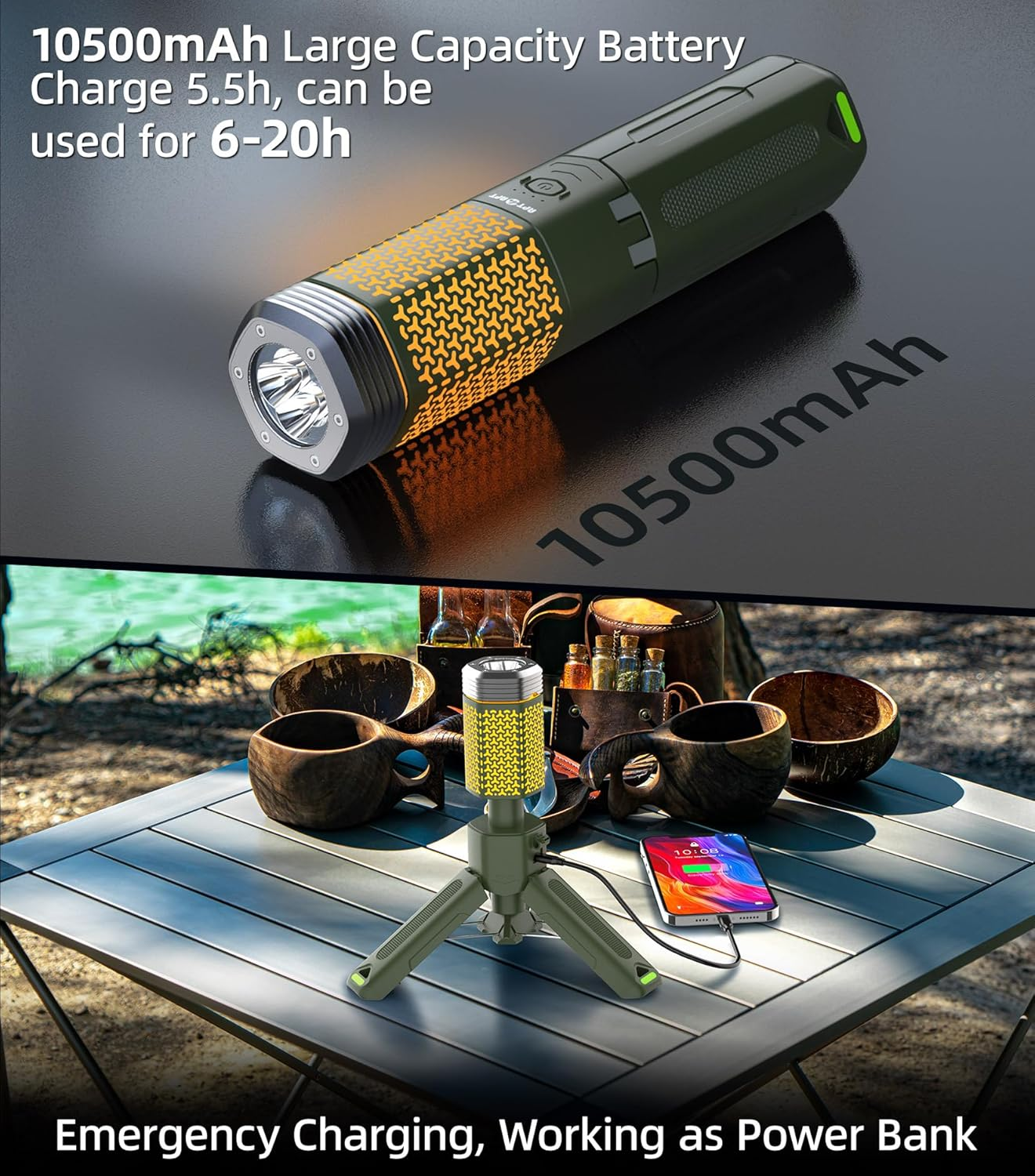 Telescopic Camping Light, Portable Collapsible Magnetic Camp Lantern Rechargeable,10500Mah Telescoping IP67 Waterproof Flashlights, Outdoor Gear for Emergency, Camping, Hiking (Army Green) image number 6