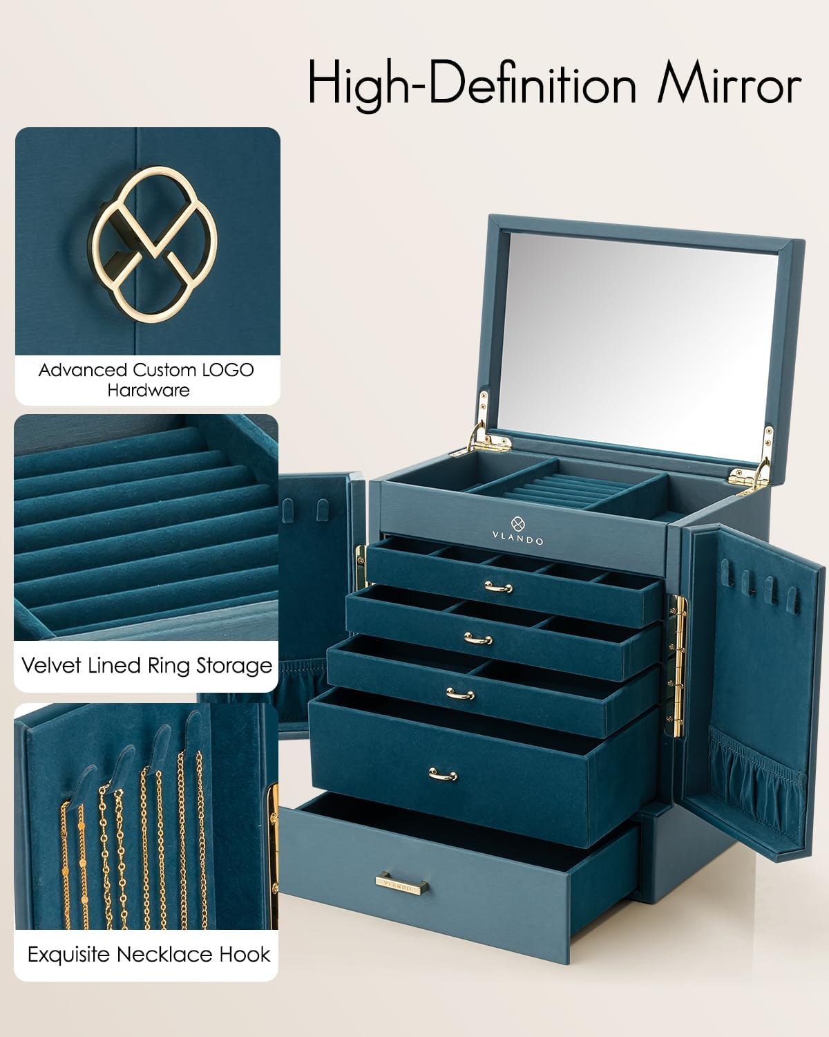 Vlando Jewellery Box, Huge Faux Leather Jewellery Boxes Jewellery Organiser,Earring Neckace Ring Storage Case for Women,Home Storage & Organisation,Girl Gift Green image number 6