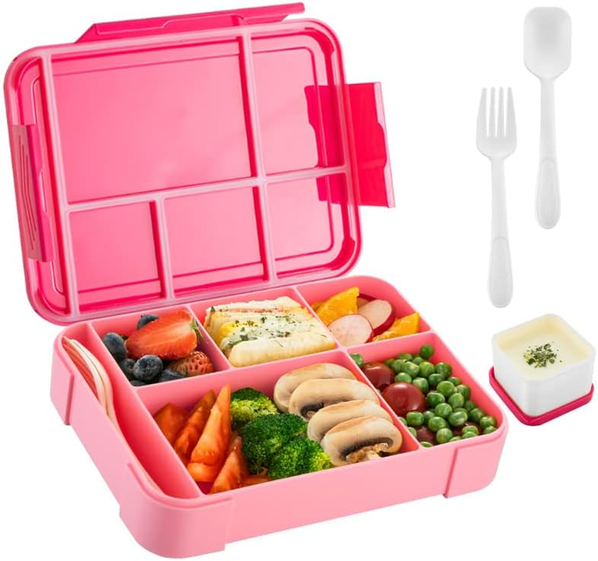 Bento Lunch Box,5 Compartment Adults Lunch Box with Spoon,1330 ML Leak Proof Lunch Containers for School,Work and Travel,Bpa Free(Rose Red) image number 4