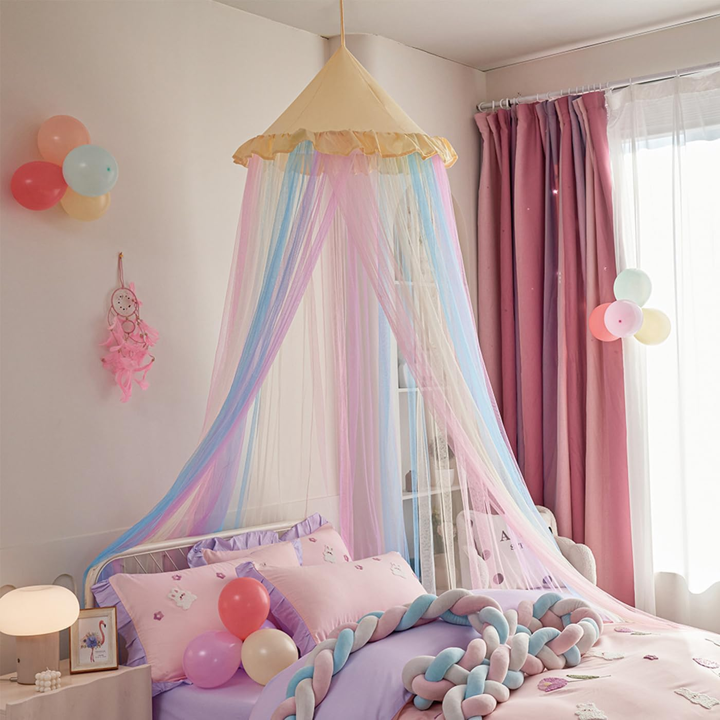 Rainbow Bed Canopy for Girls, Ruffles Mosquito Net with Dust-Proof round Dome Kids Dreamy Princess Bed Canopy Netting Room Crib Bed Curtains Camp Decor Accessories Child Reading Corners Ceiling Tent