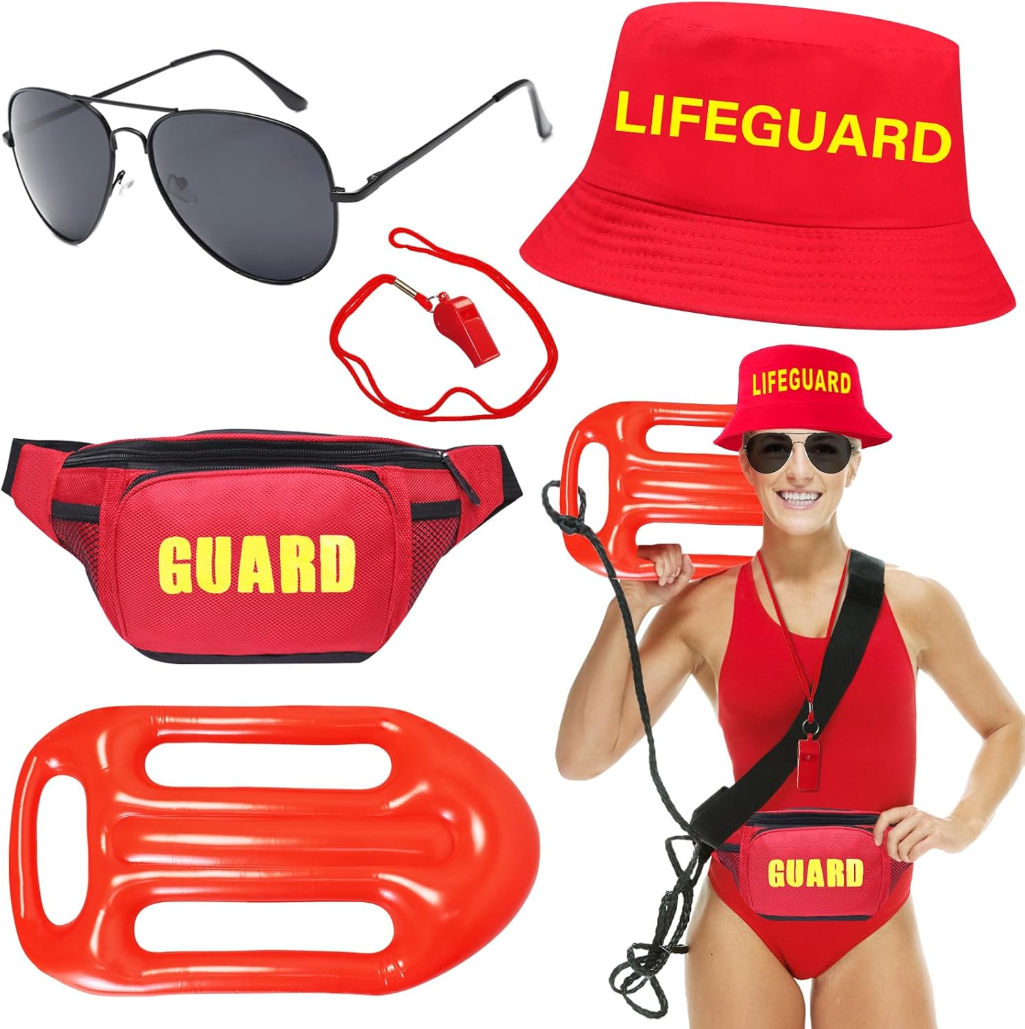 5Pcs Life Guard Accessories Kit Include Inflatable Float Prop Bucket Hat Adjustable Fanny Pack Whistle Sunglasses Lifeguard Fancy Dress Costume for Adults Women Men Halloween Cosplay Party image number 6
