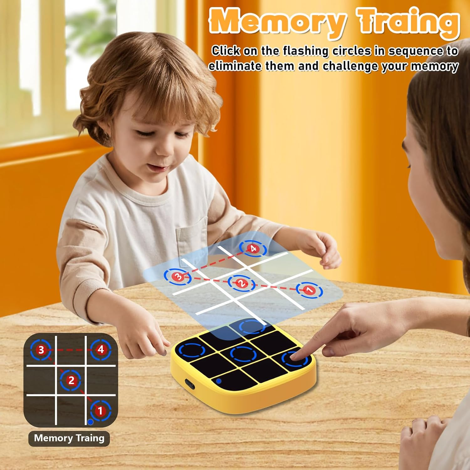 4-In-1 Electronic Tic Tac Toe Bolt Game, Handheld Puzzle Game Console, Educational and Memory Growth, Portable Travel Games, Board Games for Kids and Adults (Yellow) image number 2