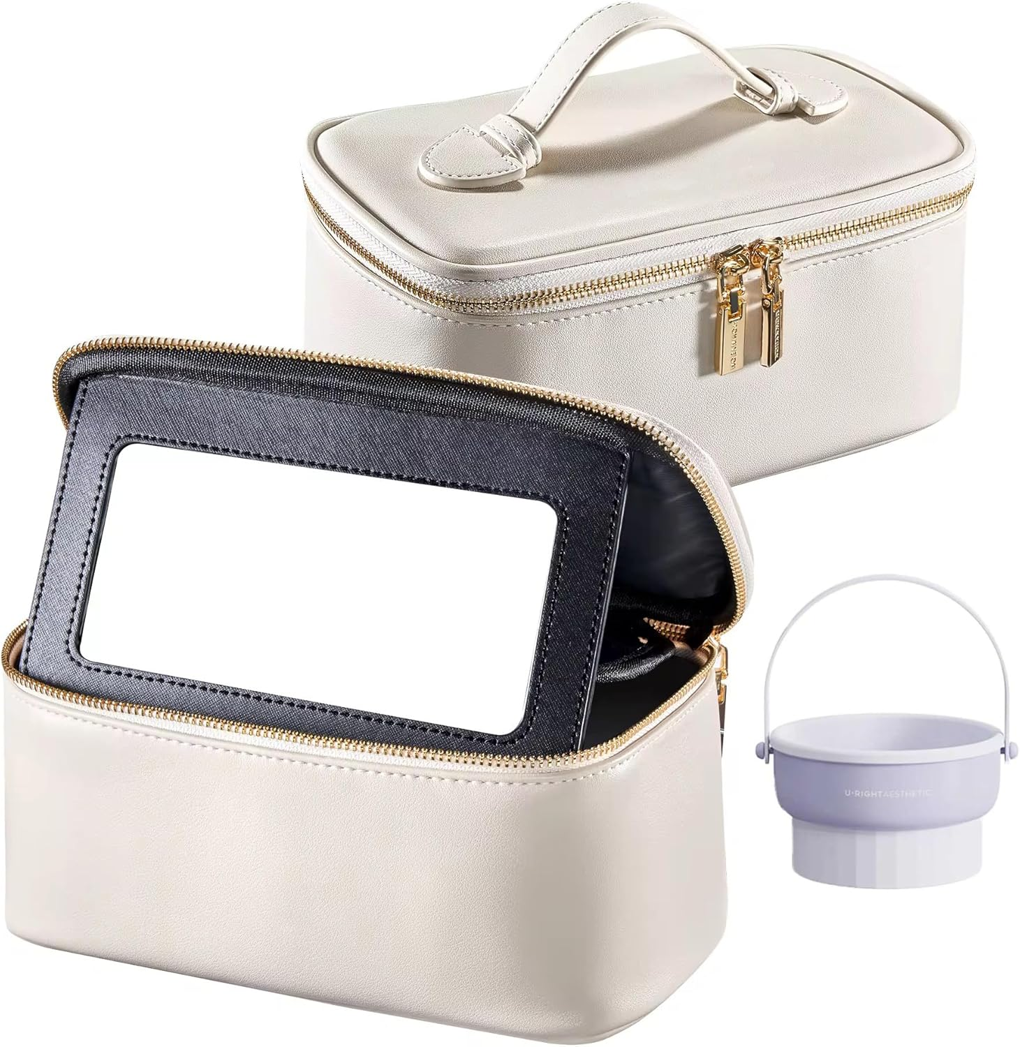 Chic Makeup Bag with Mirror Large Capacity Storage Detachable Mirror Vanity Type Cosmetic Bag Portable Small Items Organizer Travel/Business Use Skincare Storage (Standard Model Brown)