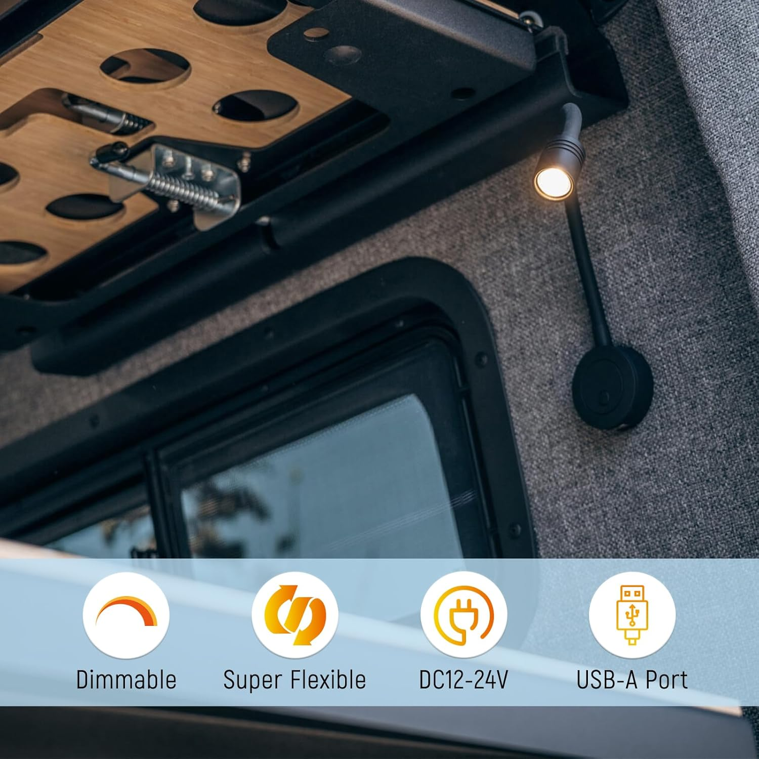 RV 12V LED Reading Light, Dimmable Bedside Reading Lamp for Caravan Boat Camper Van Travel Trailer Truck Cabin, 24V Flexible Gooseneck Spotlight with Push Switch&Usb Charger Port(Black) image number 3