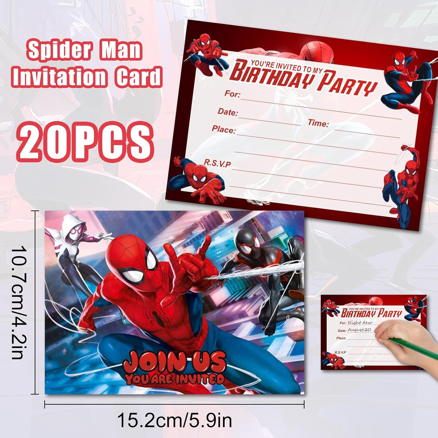20Pcs Spiderman Party Invitations for Kids, Spidey Theme Birthday Party Invites Card for Girls Boys Birthday Celebration Party Supplies image number 1