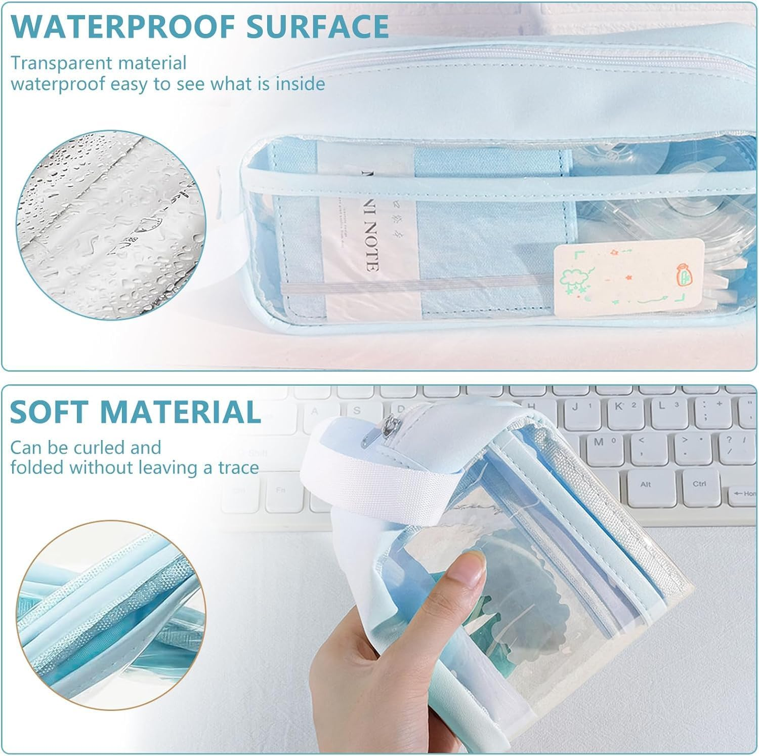 2 Pcs Large Capacity Pencil Case, Waterproof PVC Zippered Toiletries Storage Pouch, Cosmetic Makeup Storage Bag, Clear Pencil Case for Girls Boys, Home, School, Office (Blue)