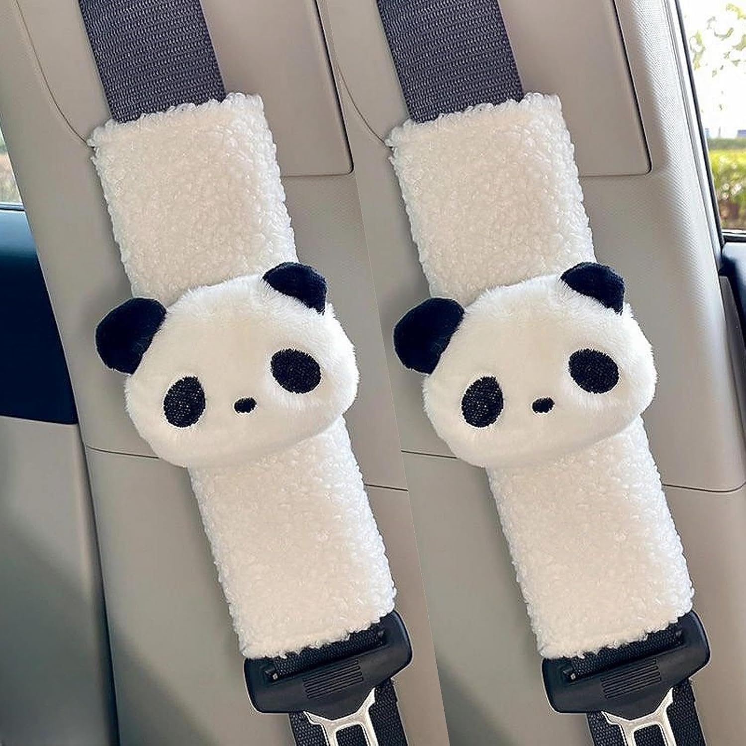 2 PCS Seat Belt Cover Pad, Cute Kawaii Animal Panda Seatbelt Covers for Kids and Adults, Winter Plush Fluffy Soft Seat Belt Cover, Cartoon Seatbelt Cushion,Car Seat Strap Pads (White, One Size) image number 6