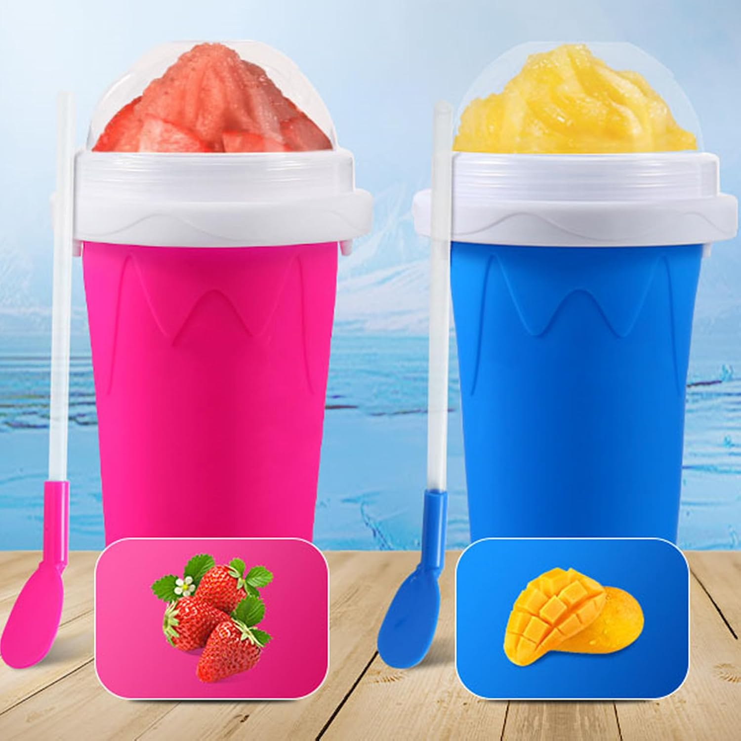 Slushie Cup, 2 Pack Slushy Maker Cup with Lid & Straw for Friends and Family, Portable Smoothie Squeeze Cup for Milk, Juices, and Ice Cream Make