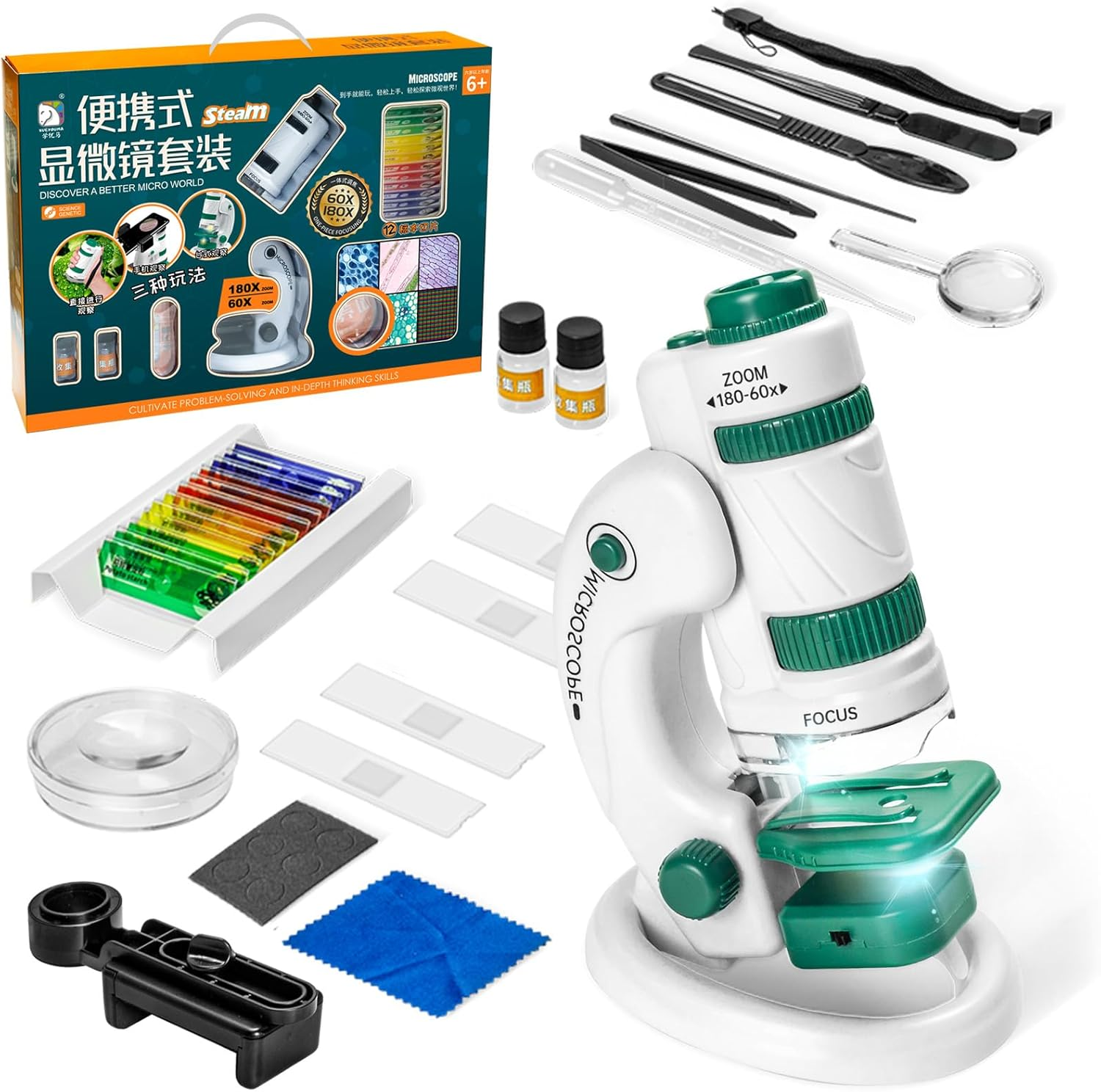 Microscope Toys for Kids Zoom 60X-180X, Handheld Mini Toddlers-Educational Science Toys Little Scientist, Pocket Microscope with 12Pcs Slides, Gifts for 6+ Girls Boys(Green)