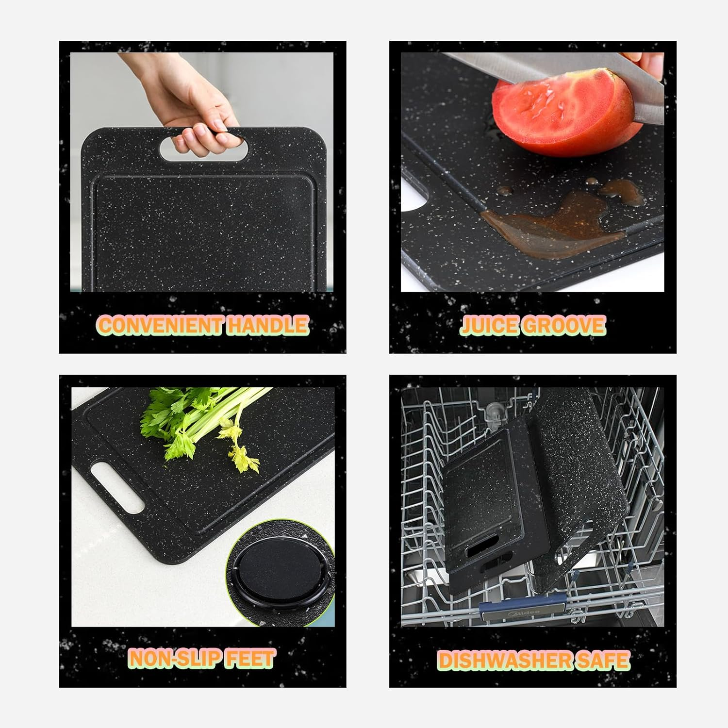 3-Piece Kitchen Chopping Boards with Non-Slip Feet & Juice Grooves & Carrying Handle, No BPA Plastic Cutting Board Set, Dishwasher Safe, Easy Grip Handle, Reversible Cutting Board, Black image number 4