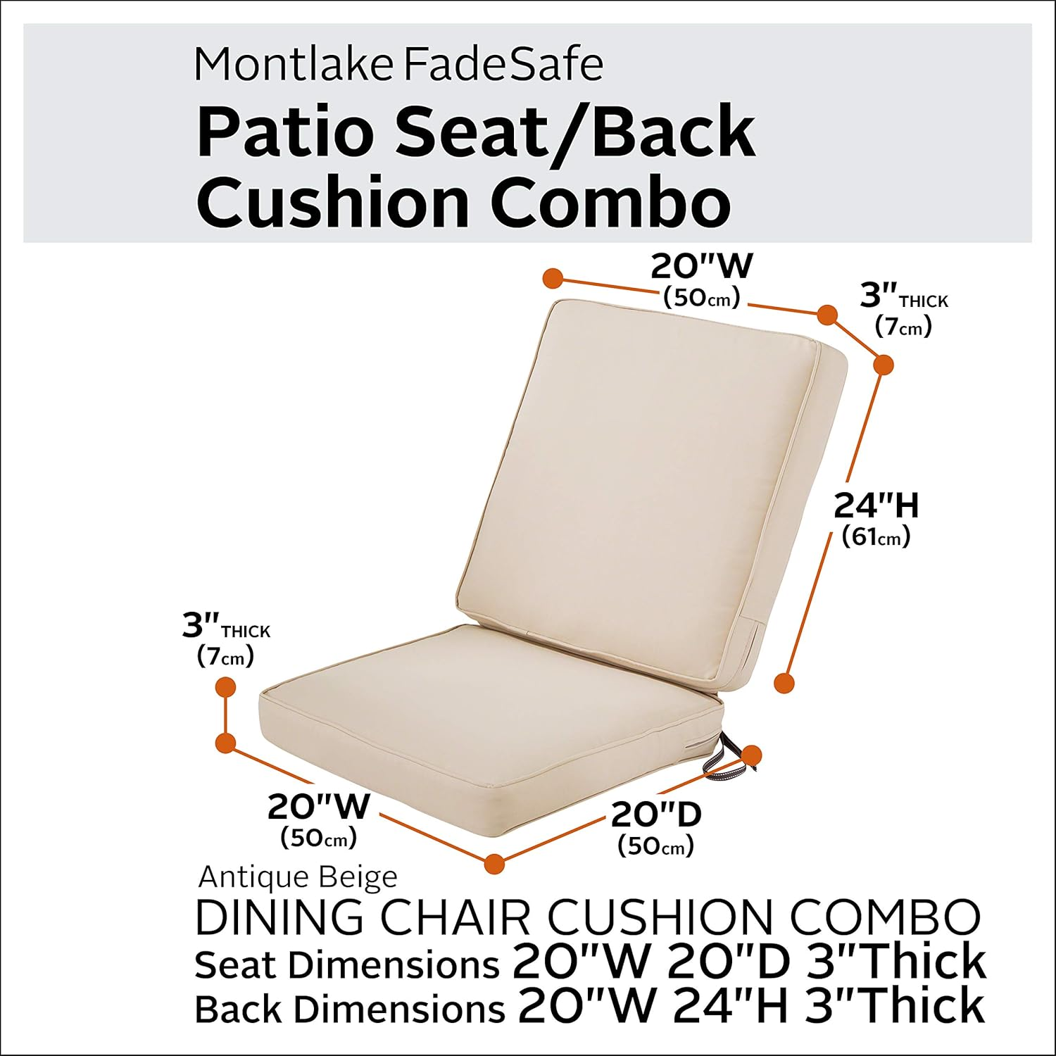 Classic Accessories Montlake Fadesafe Water-Resistant 44 X 20 X 3 Inch Patio Chair Cushion, Antique Beige, Patio Cushion Set image number 5