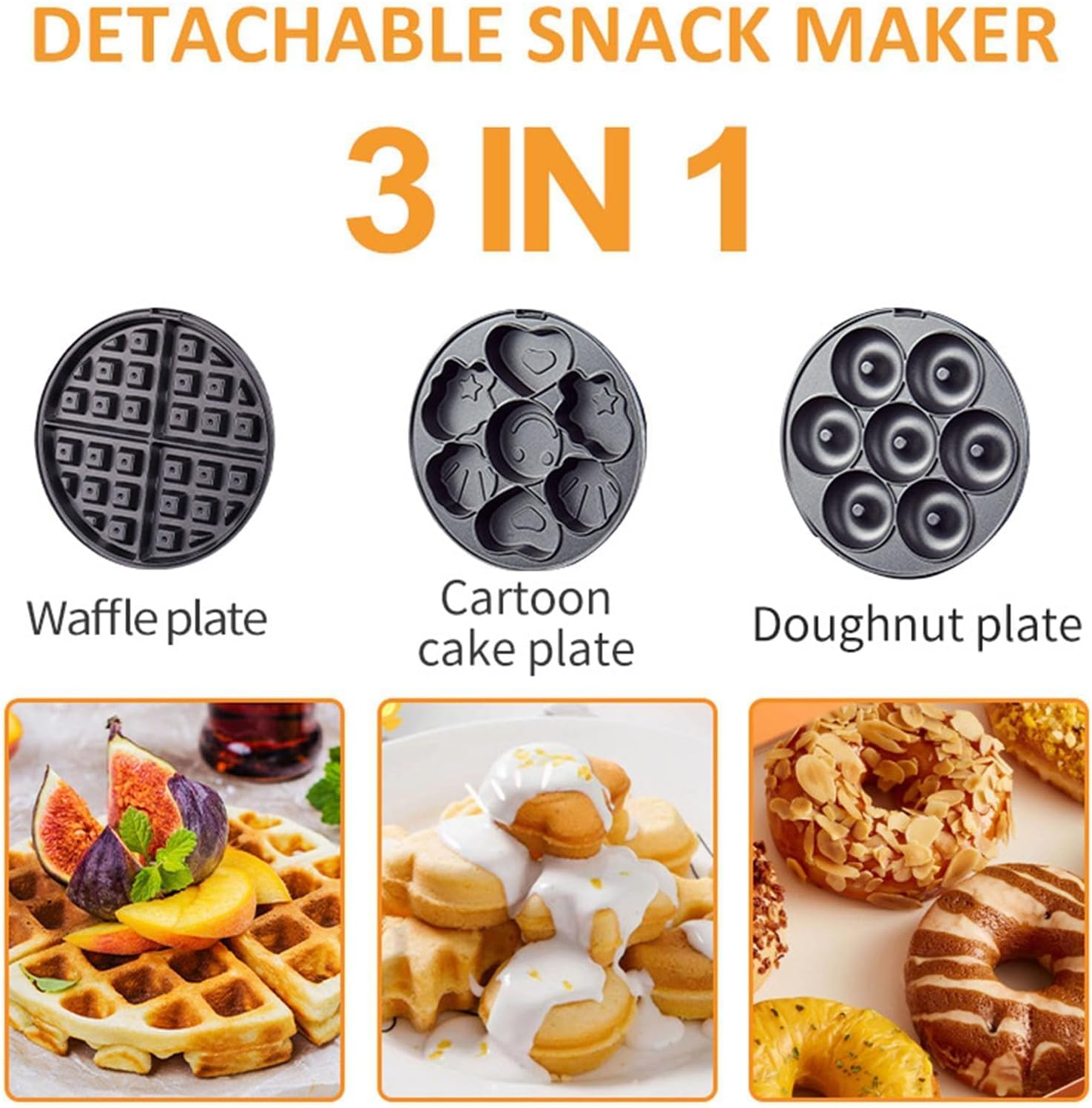 Waffle Maker 3 in 1 Detachable Baking Plates Non Stick Plates with LED Display round Waffle Doughnut Cartoon Cake Sandwich Maker 600W image number 4