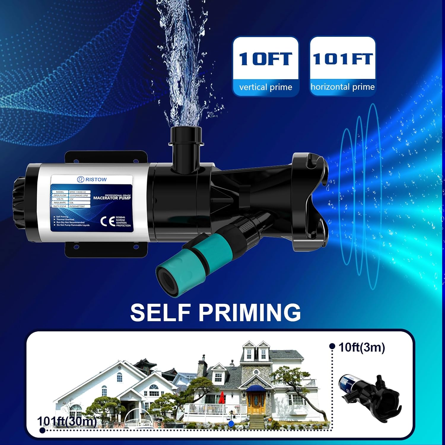 RV Macerator Pump 12V, 12GPM Waste Water Self-Priming Sewer with Garden Hose Discharge Port, Quick Release Sewage