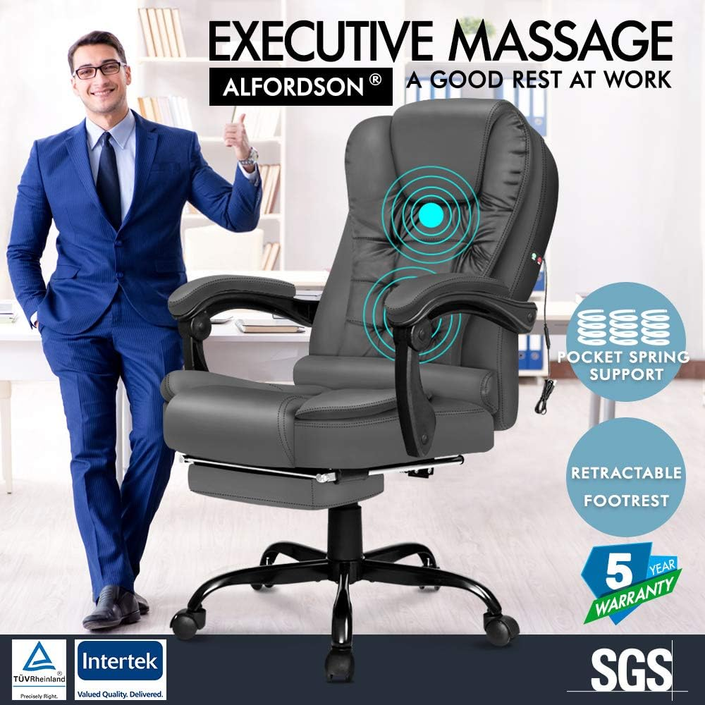 ALFORDSON Ergonomic Office Chair with Massage, Footrest and 150&deg; Recline, PU Leather Executive Managerial Chair with SGS Listed Gas-Lift, Swivel Gaming Chair for Computer Task Desk, Max 180Kg (Grey)