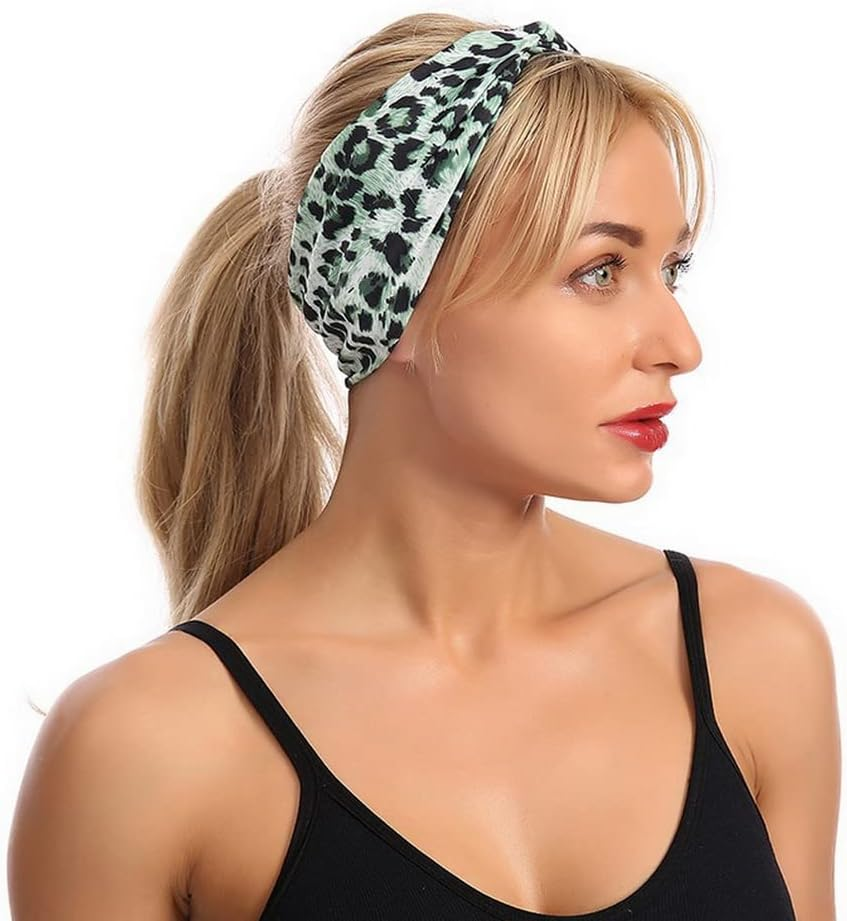 Woration Headband Yoga Leopard Print Cross Wide Elastic Headwear Head Wrap Hairband Twist Turban Knot Headwrap Hair Accessories for Women, Girls - Green