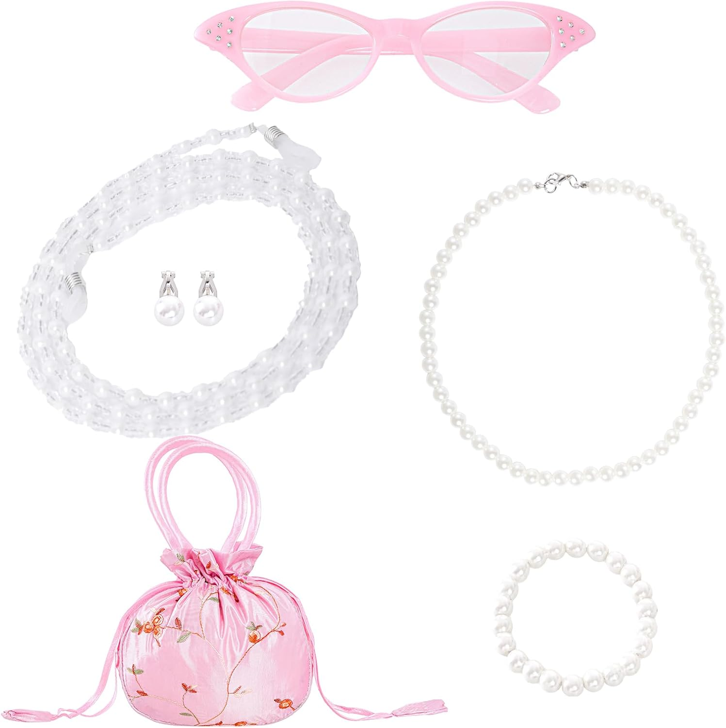 5 Pcs Old Lady Costume Set Grandma Granny Glasses Eyeglasses Chain Pearl Necklace Bracelet image number 1