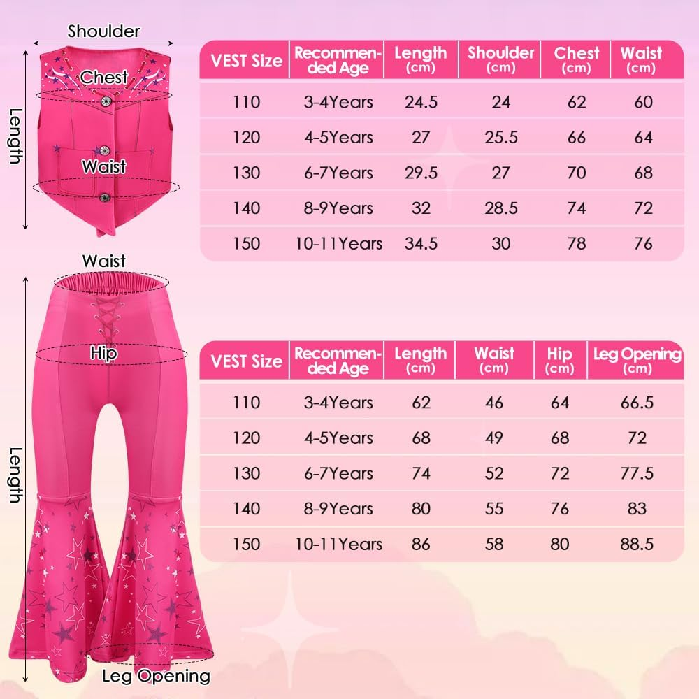 AUTOWT Girls Cowgirl Costume, 5 Pieces Movie Heroine Doll Cosplay Pink Cowgirl Outfit, 1970S 80S Hippie Disco Dress up with Pink Tank Top, Flared Pants, Earrings, Scarf Bag for Halloween Cosplay Party image number 6