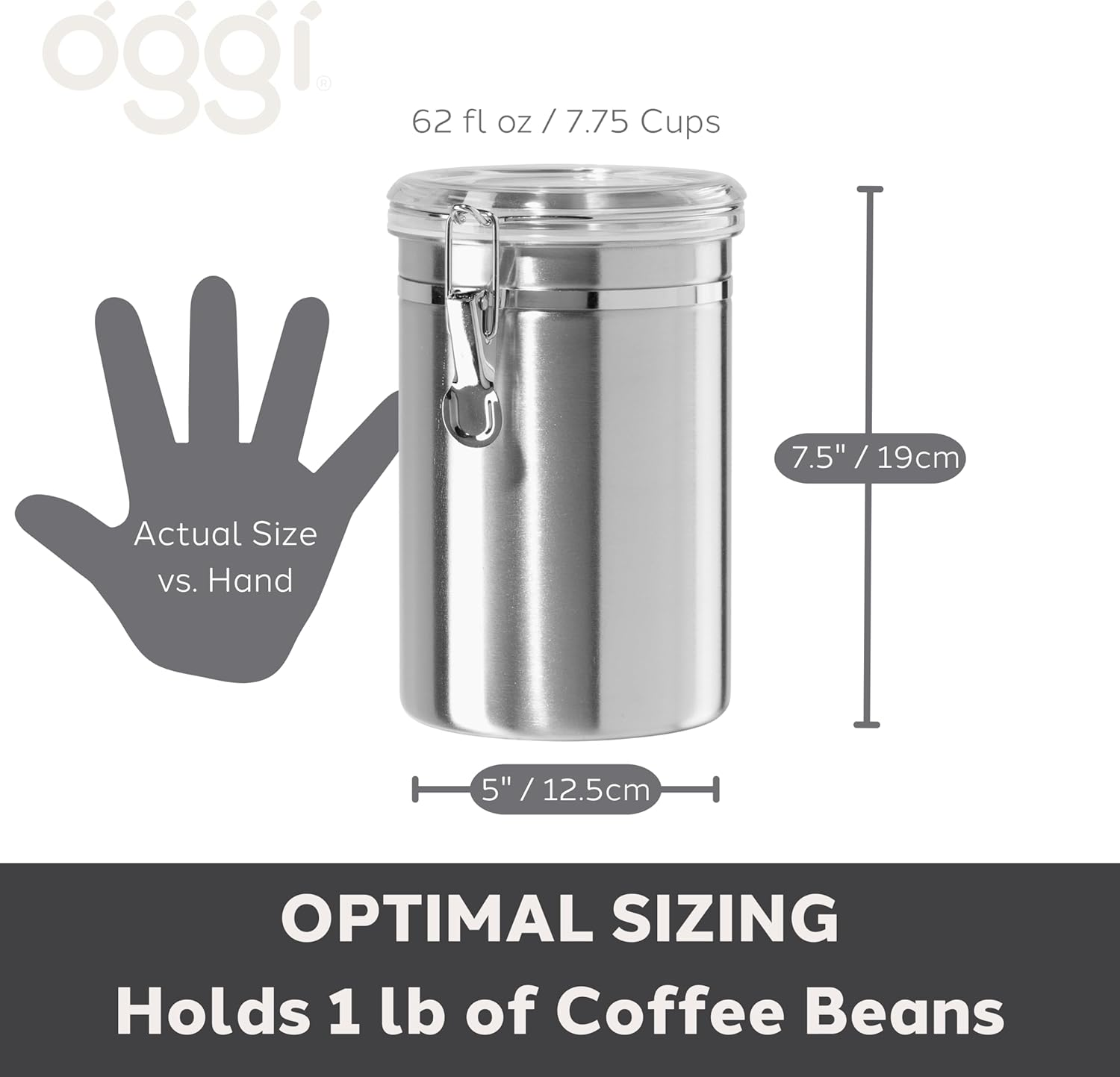 OGGI Stainless Steel Kitchen Canister 62Oz - Airtight Clamp Lid, Clear See-Thru Top - Ideal for Kitchen Storage, Food Storage, Pantry Storage. Large Size 5" X 7.5". image number 4