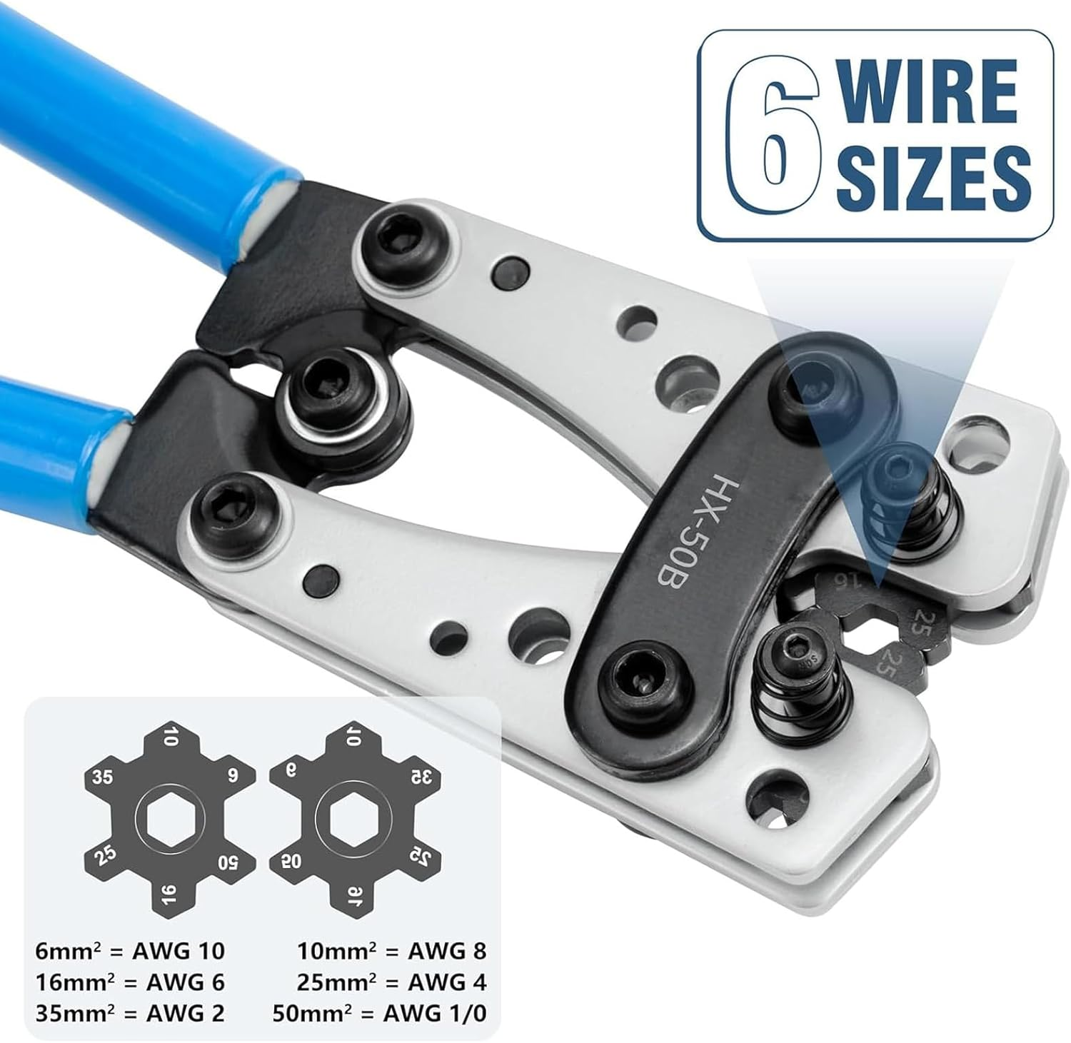 Battery Cable Lug Crimping Tool for Heavy Duty Wire Lugs with Cable Cutter 60Pcs Ring Terminals, Battery Terminal 6-50Mm&sup2;, Copper Lugs for 10, 8, 6, 4, 2, 1/0 AWG Wire Cable Cutting and Crimping image number 5