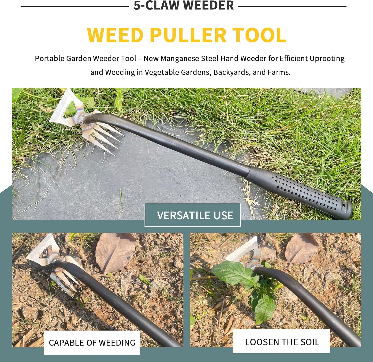 Weed Puller Tool, Upgrade Durable Garden Weeder Tool Set, Featuring a Dual-Purpose Manual Weed Removal Tool with Manganese Steel Teeth and Included Garden Gloves, Portable Tool for Gardens/Backyards. image number 4
