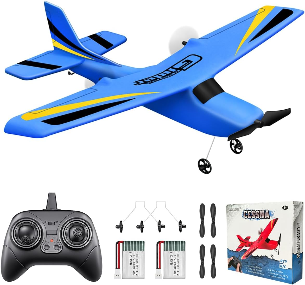 HAWK'S WORK 2 Channel RC Airplane, RC Plane Ready to Fly, 2.4Ghz Remote Control Airplane, Easy to Fly RC Glider for Kids & Beginners (Blue)