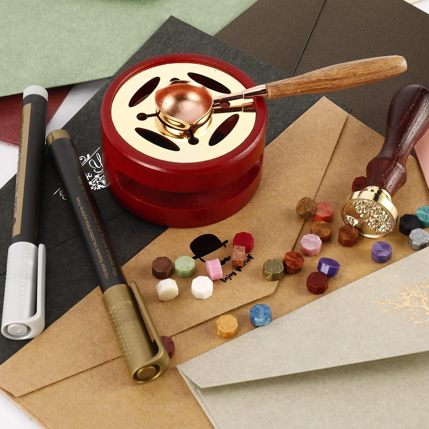 620Pcs Wax Seal Stamp Kit, Wax Seal Set with Wax Seal Beads, Sealing Wax Warmer, Vintage Envelopes, Wax Stamp and Metal Pen, Sealing Wax for Invitations, Cards, Envelopes, Gift Wrapping image number 1