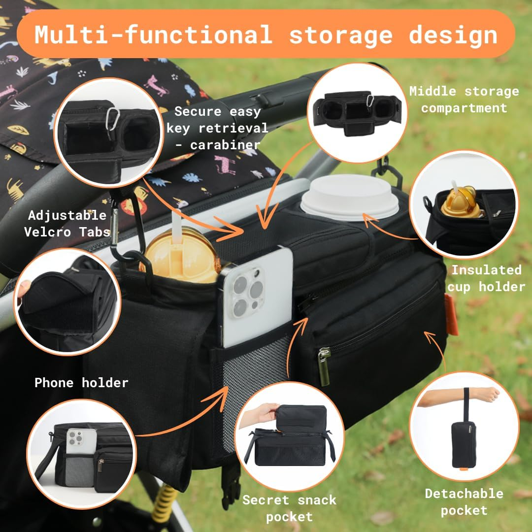 UHURU Stroller Organiser & Pram Caddy with Extra Storage Pockets, Insulated Coffee Cup Holders and Phone Storage, Universal Travel Pram Stroller Bag Compatible with Uppababy, Bugaboo & 99% of Prams image number 6