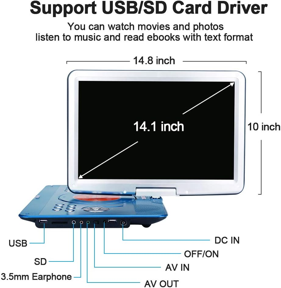 YOOHOO 16.9'' Portable DVD Player with 14.1'' Large Swivel Screen, DVD Player Portable with 6Hrs Rechargeable Battery,Mobile DVD Player for Kids,Sync TV, Support USB SD Card with Car Charger(Blue) image number 2