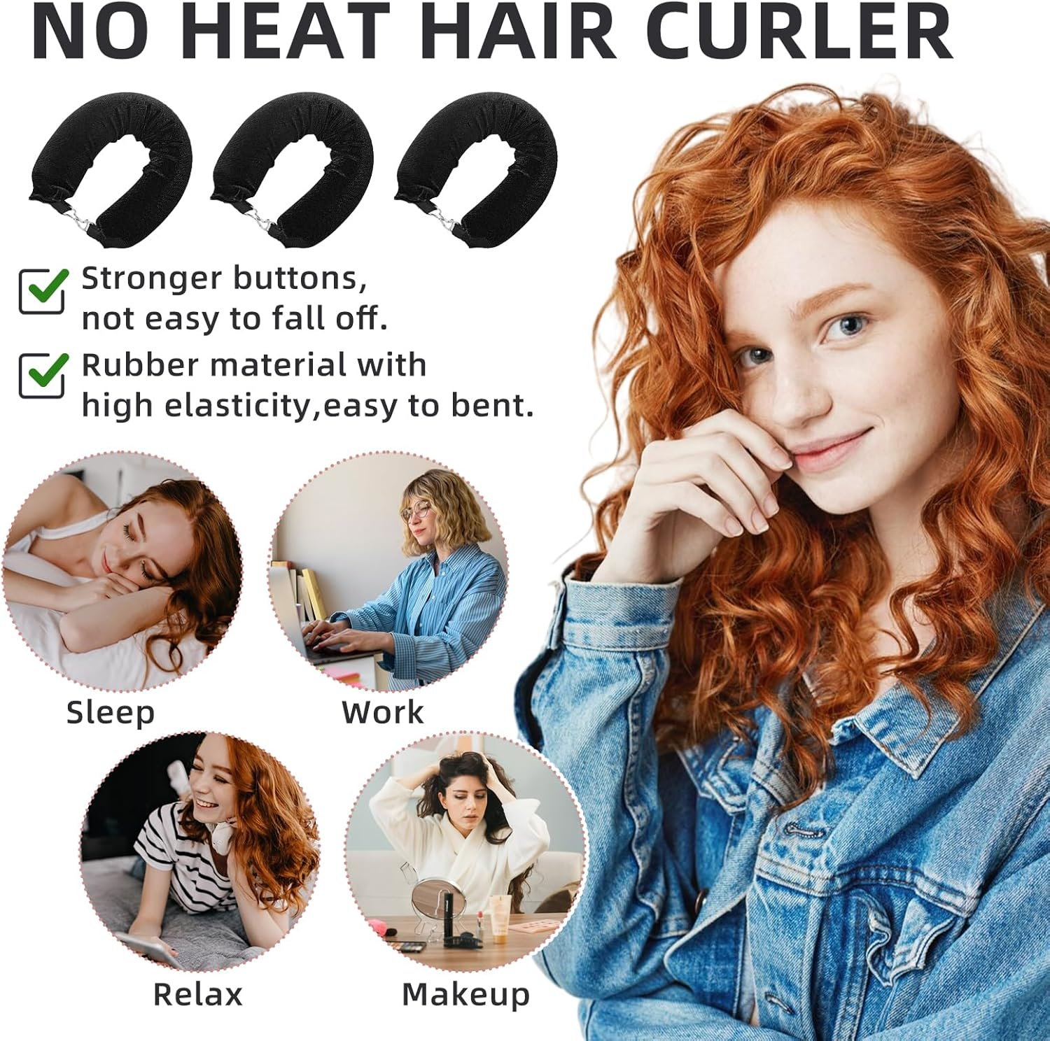 Overnight Curlers, 3 Pieces Soft Velvet Heatless Curls Band, Hair Curler No Heat, Overnight Curls, Curls without Heat for Long Short Hair, Straight or Curly Hair (Black) image number 1