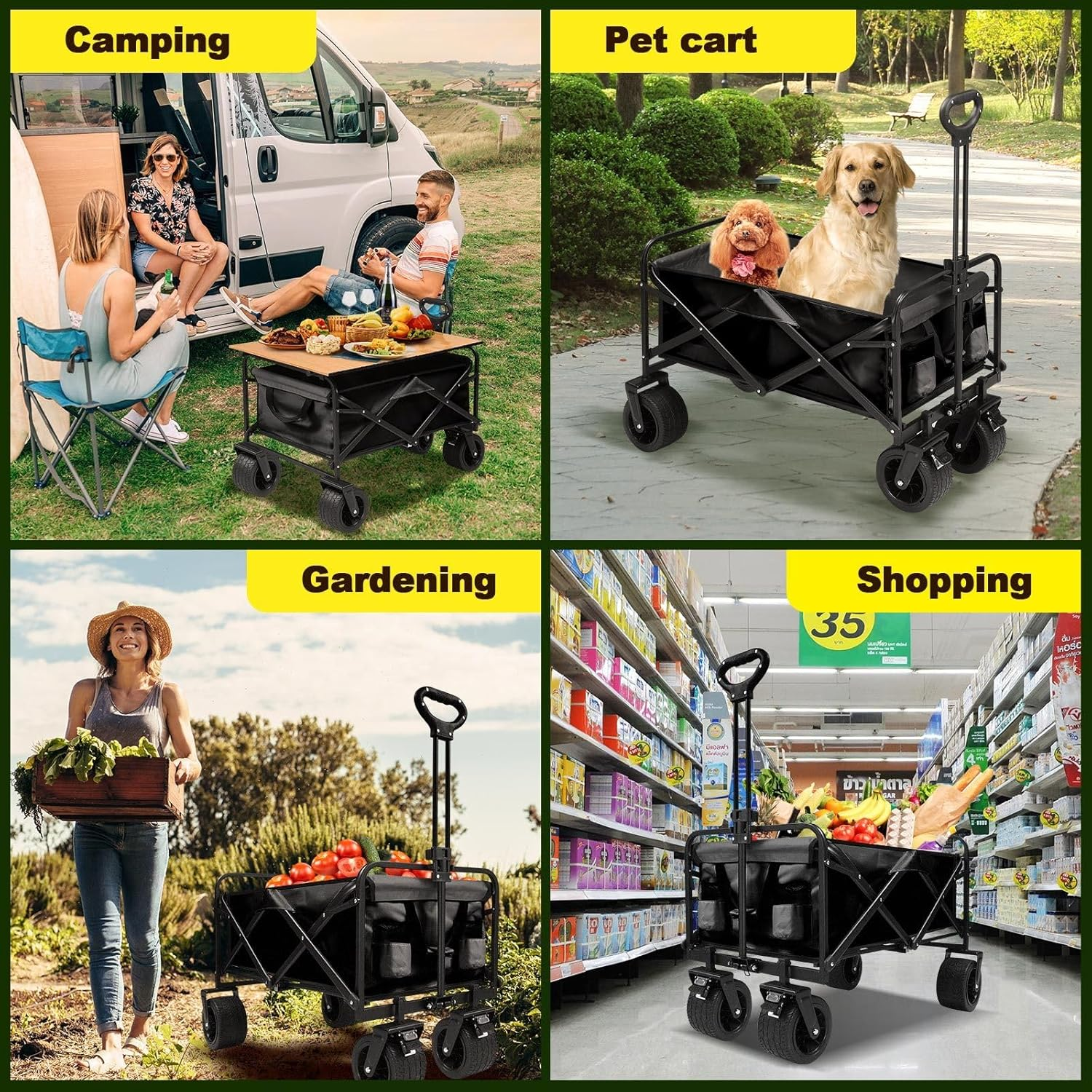 Folding Wagon Cart Collapsible Wagon with All-Terrain Wheels for Beach Picnic Garden Utility Trolley Trailer Barrow Market Grocery Shopping Sports Outdoor Camping Luggage Collapsible 150Kg image number 1