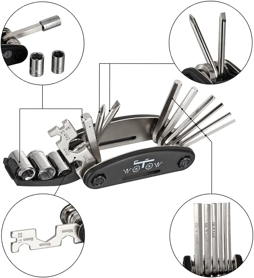 WOTOW 16 in 1 14 in 1 Multi-Function Bike Bicycle Repair Tool Kit Allen Wrench with Tire Pry Bars Rods