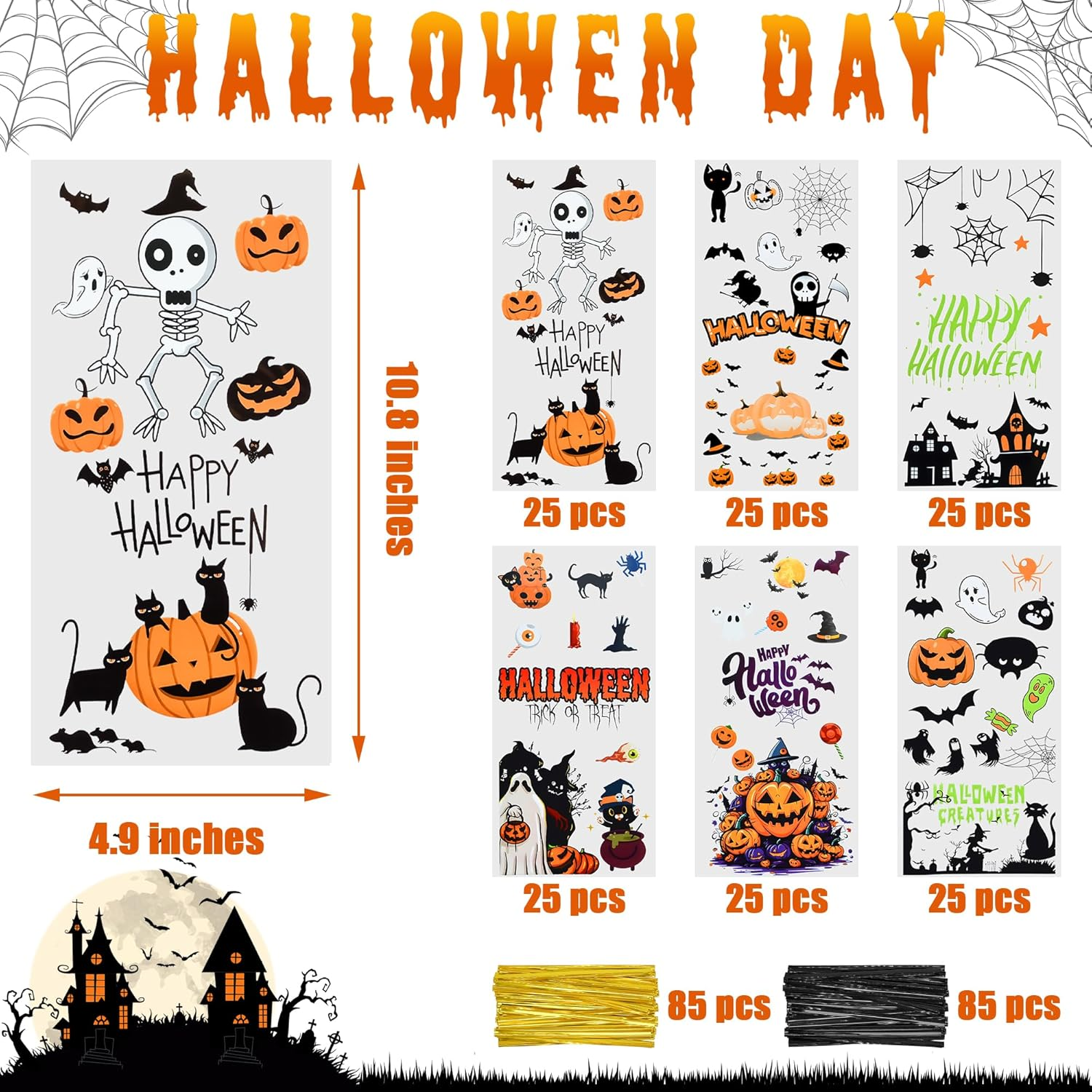 Twavang 150 Pcs Halloween Cellophane Treat Bags, Halloween Trick or Treat Goodie Bags with 170 Pcs Twists for Halloween Party Favors (10.8 X 4.9 Inches) image number 5
