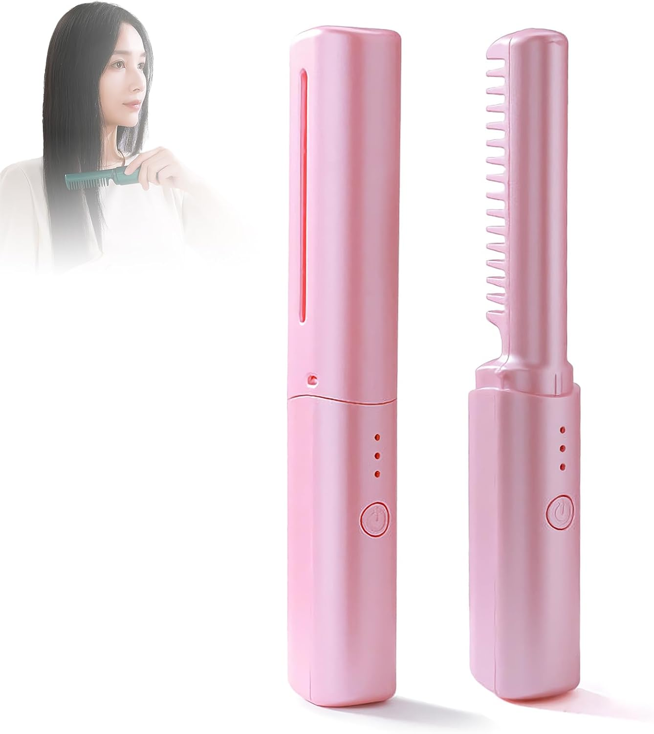 Rechargeable Mini Hair Straightener, Portable Hair Straightener Brush, Cordless Hair Straightener Brush, 2 in 1 Travel Hair Straightener, USB Rechargeable, Instants Heating Quick Hair Styling (Pink) image number 1