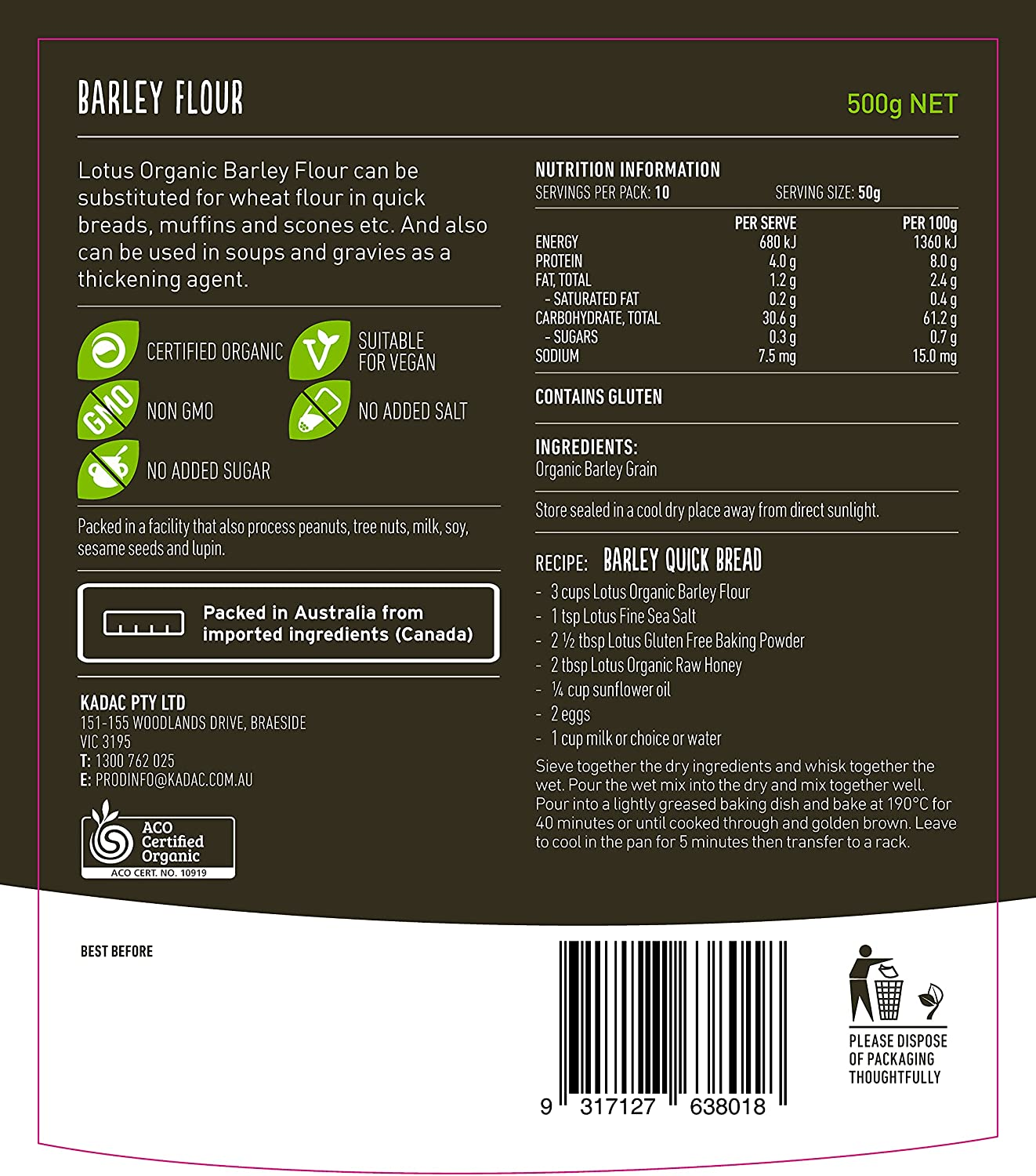 Lotus Organic Barley Flour 500 G, 500 G image number 1