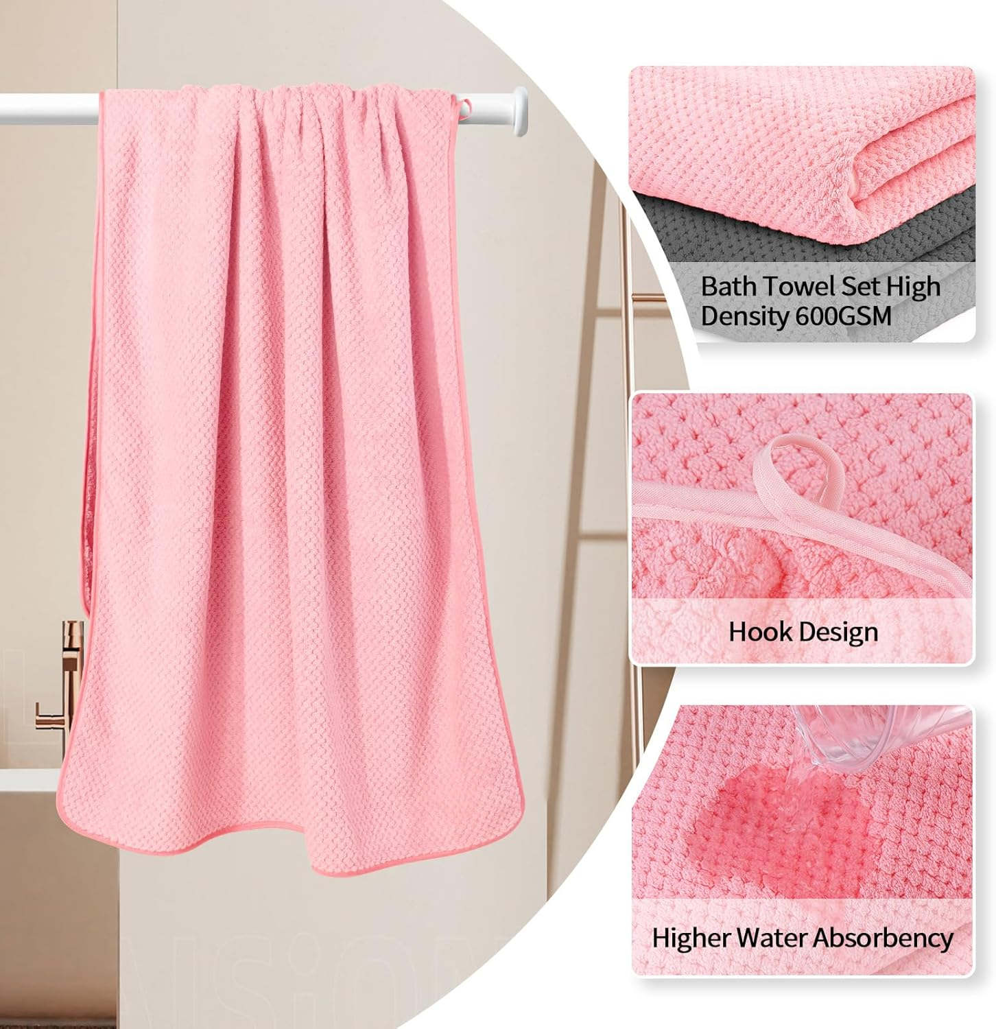 Bath Towels 2 Pack High Water Absorbent Bathroom Towel Set Soft Towels for Bathrooms, Beach, Swimming Pool, Gym, and Spa (Pink+Dark Grey)