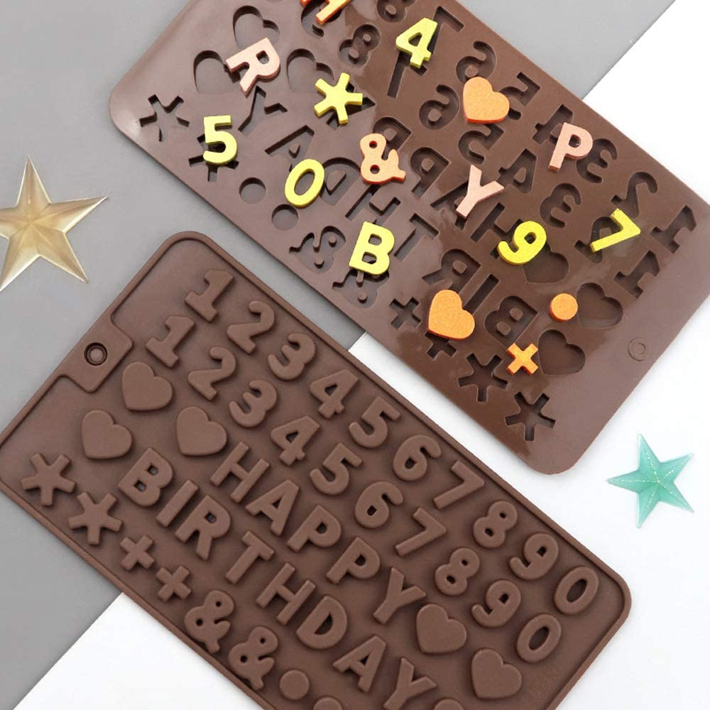 4 Packs Letters and Happy Birthday Numbers Symbols Mold with Liquid Droppers, Sourceton Chocolate Decorating Silicone Tray and Droppers