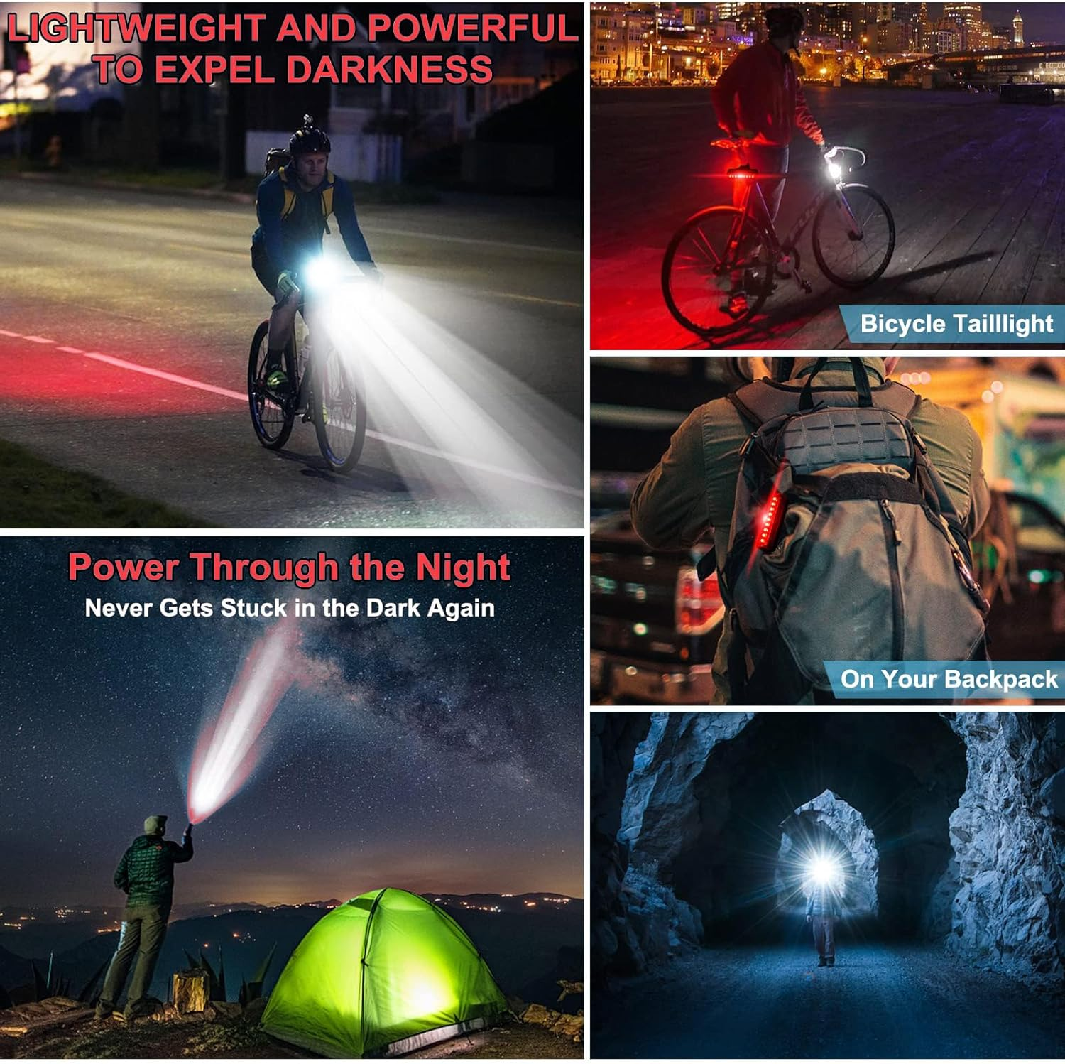 Rechargeable USB Bike Lights Set Waterproof Bike Headlight & Tail Light Set for Men Women Kids Road Mountain Cycling Night Riding image number 5