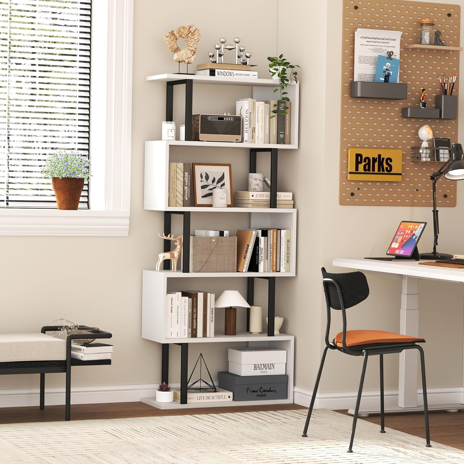 HOMEFORT 5-Tier S-Shaped Bookcase, Geometric Bookshelf for Living Room & Bedroom, Modern Wood & Metal Storage Shelf, Freestanding Display Shelves, Space-Saving Tall Book Shelf White and Black image number 7