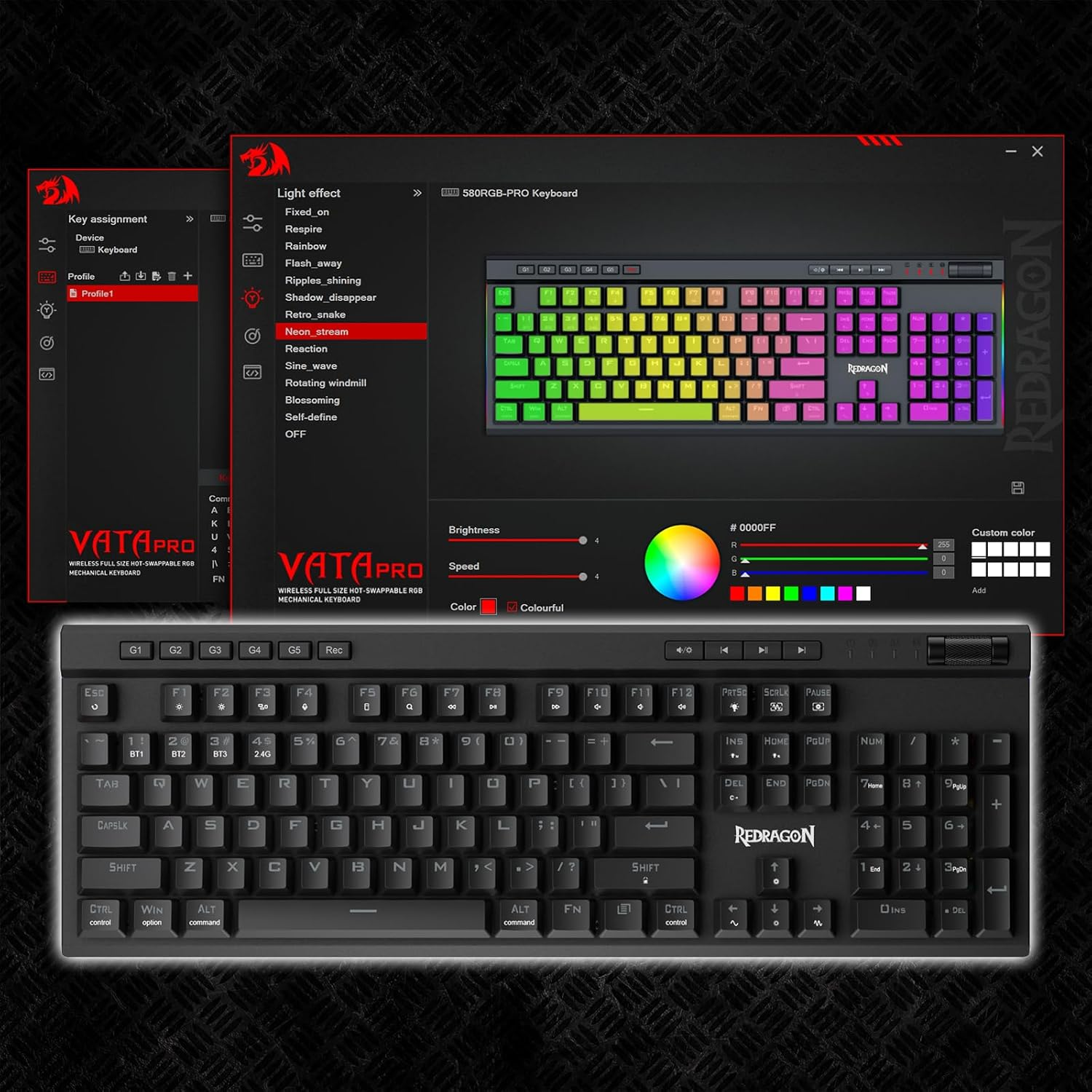 Redragon K580 PRO Wireless RGB Gaming Keyboard, Mechanical Keyboard with 3 Modes and 104 Keys, Hot-Swap Socket, Dedicated Media Control and Onboard Macro Recording, Linear Red Switch image number 6