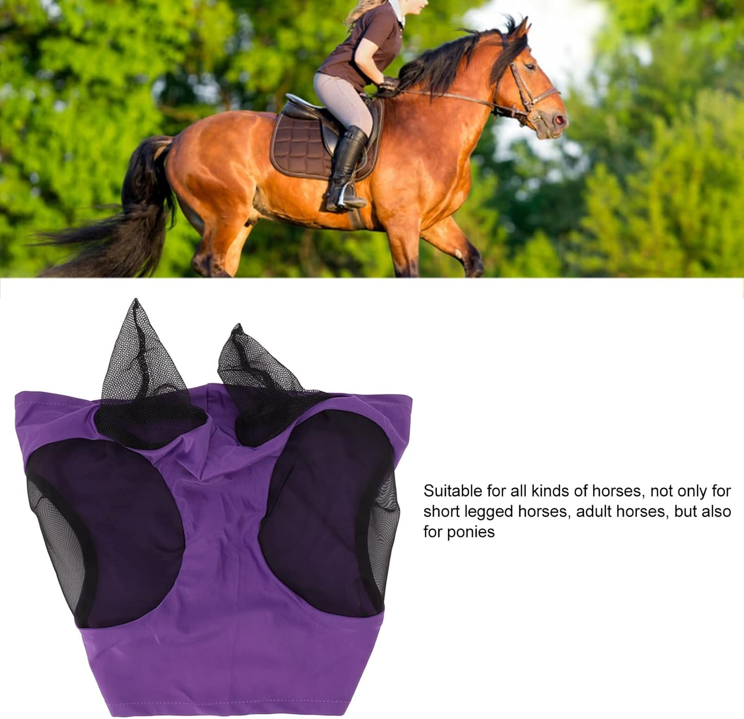 Breathable Horse Mesh Fly Mask with Ears, Elastic Equestrian Face Mask for Horses, Sunlight Protection & Fly Protector (Purple) image number 6