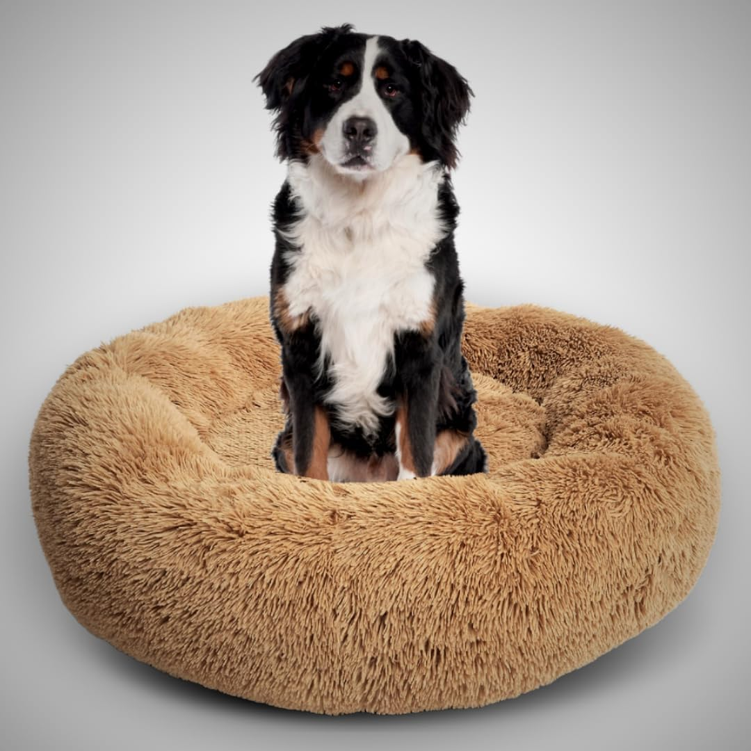 Calming Dog Bed and Cat Bed, Donut Dog Bed Large, Recycled (GRS) Material, Extra Long Plush, Fuller Bolster and Cushion, Anti-Slip Bottom, Machine Washable Dog Bed [Large/Br] image number 2