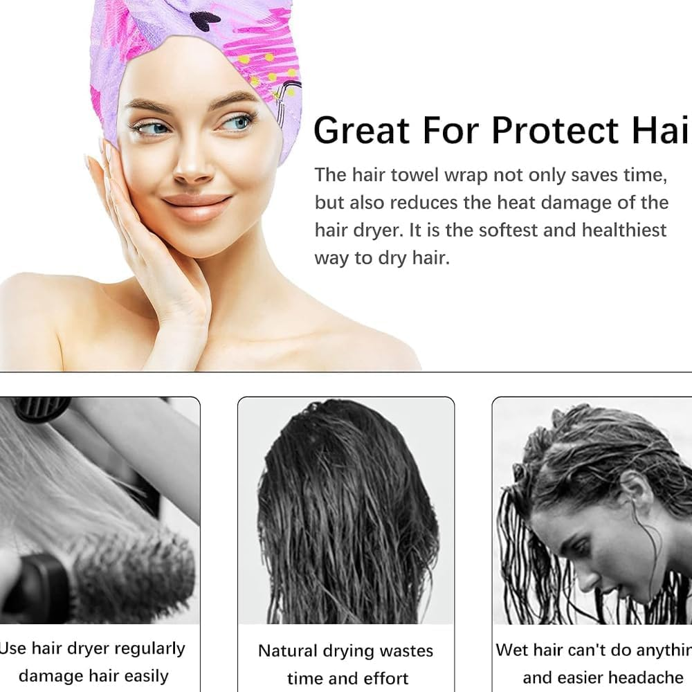 2 Pack Microfiber Hair Drying Towels Quick Dry Anti-Frizz Head Turban with Button Wet Hair Towel Wrap Turban for Long Thick & Curly Kids Girls Women,Super Absorbent Soft (Pink & Blue Love) image number 6