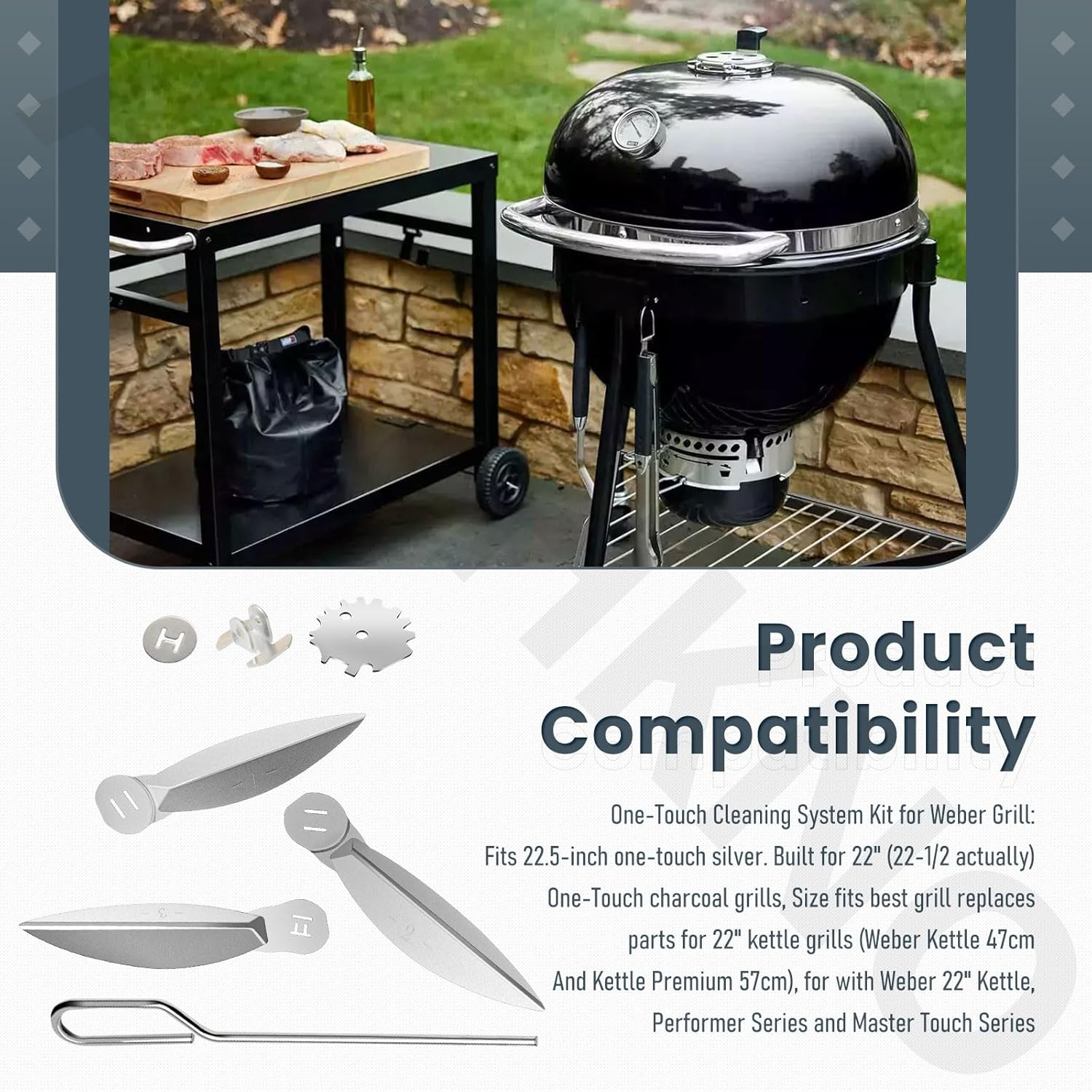 22-1/2-Inch One-Touch Cleaning System Kit, Compatible with Weber Grill Parts, 7444 Weber Kettle Grills - for Grill Bottom, Grill Damper Air Amount Control and Kettle Ash Clean-Out, Silver. (2) image number 4