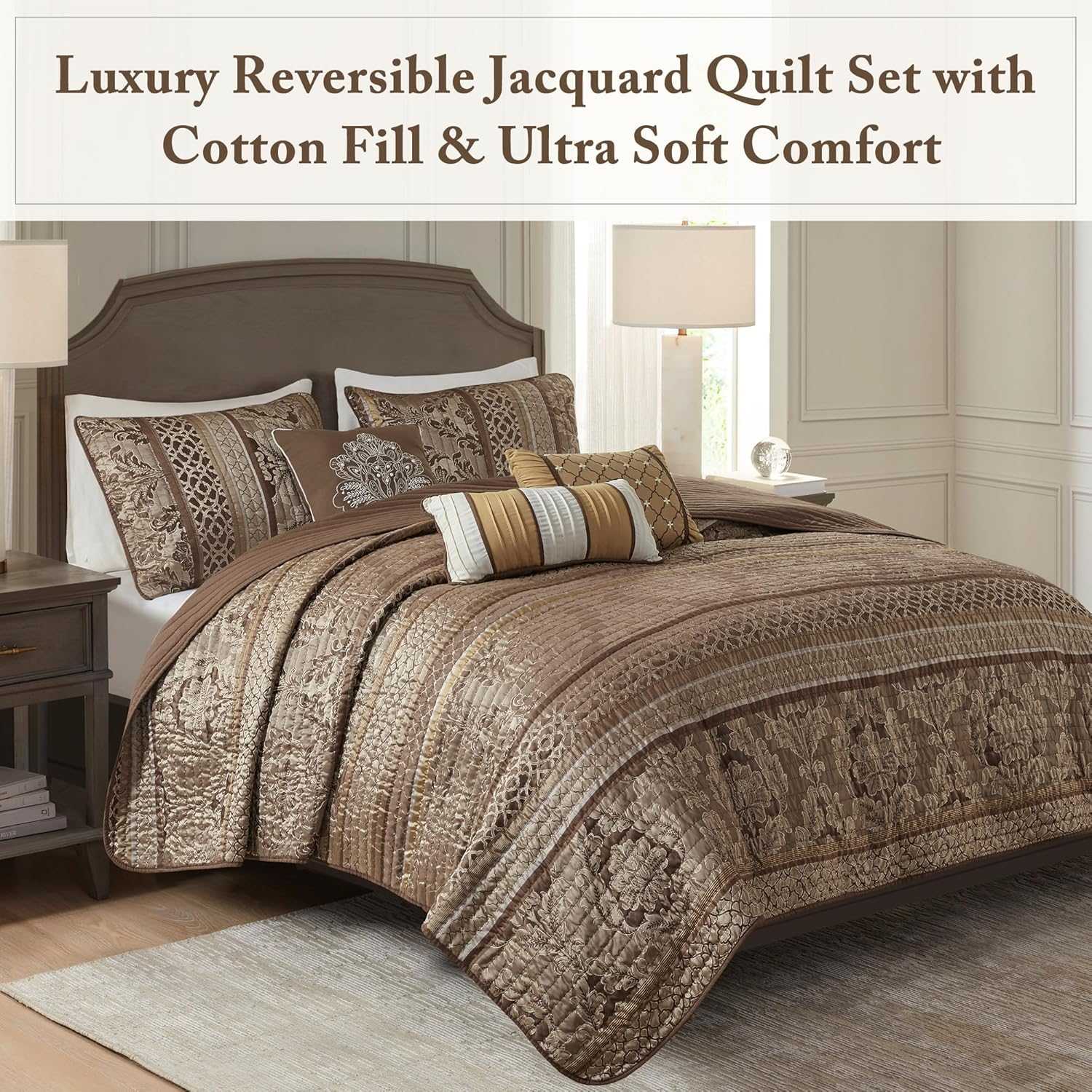 Madison Park Bellagio 6 Piece Quilted Coverlet Set, Full/Queen, Brown/Gold image number 1