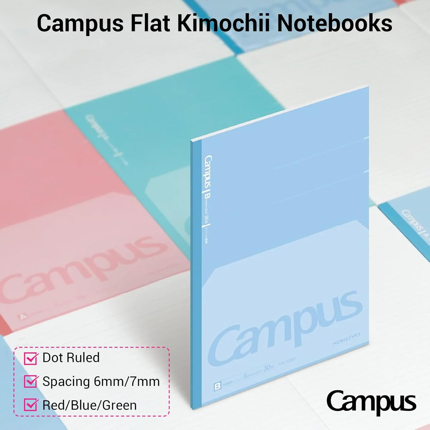 KOKUYO Campus Feels Flat Notebooks, Dot a 7Mm Ruled, Semi-B5, 30 Sheets, 30 Lines, Pack of 3, Blue, Green and Pink, Japan Import (NO-FL3CATX3) image number 1