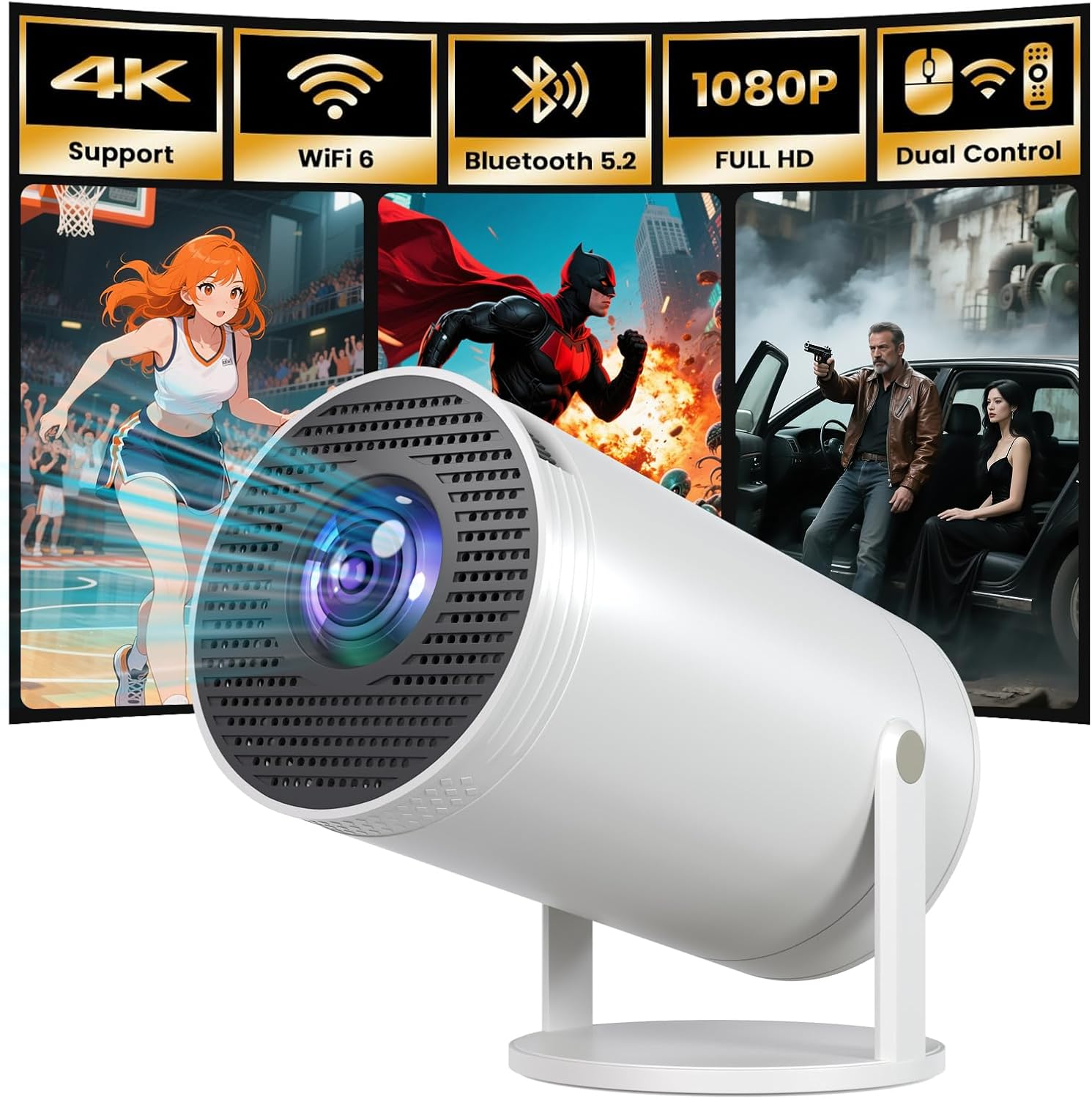 【2025 Upgrade】 TXTIGER Mini Projector Full HD 1080P 4K, Portable Projector with Wifi6 and Bluetooth5.2 Ultra Focus, 210&deg; Rotatable Stand, Auto Keystone, Dust Removal and Heat Dissipation Design