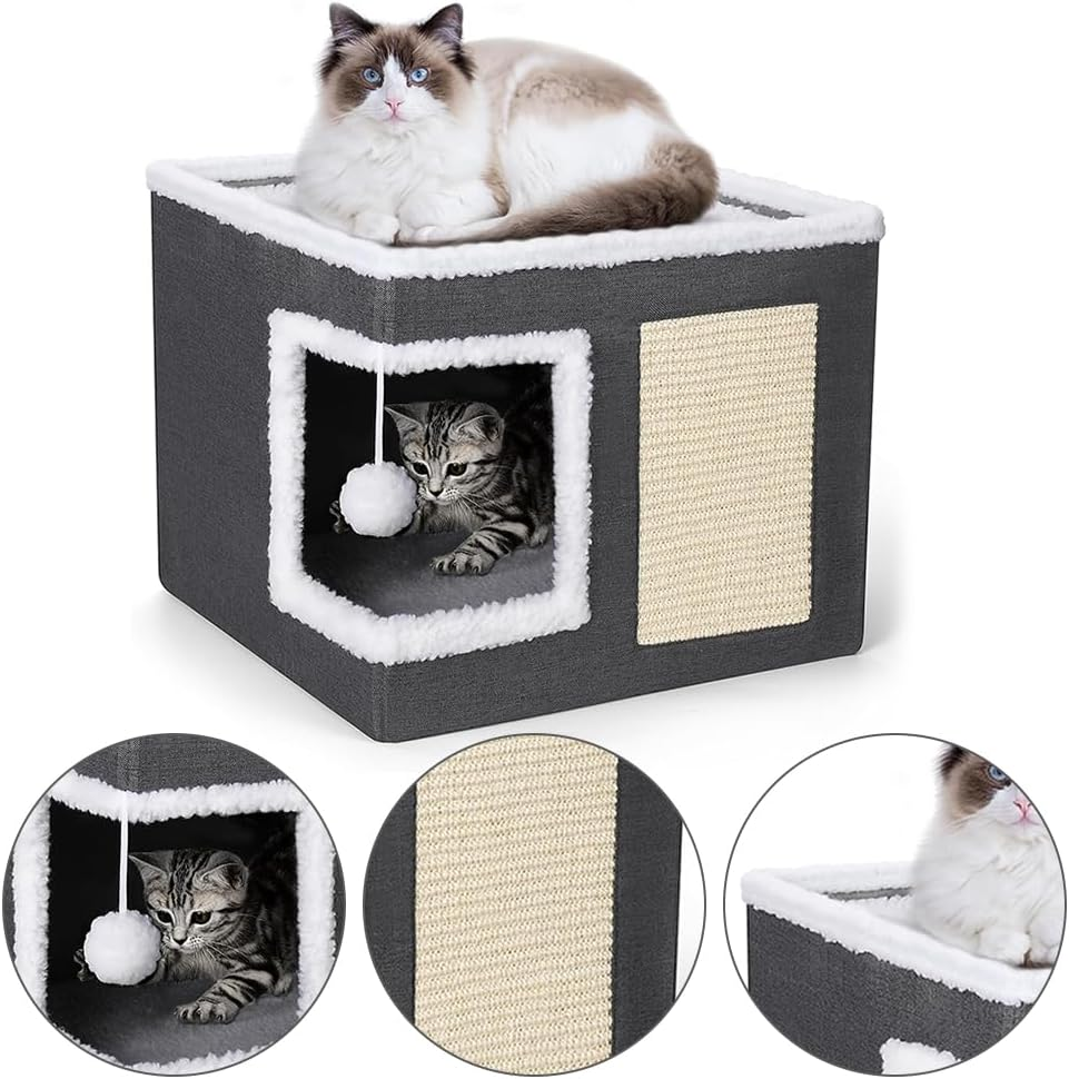 Double Layers Cat & Dog Bed with Removable Mattress, Plush Foldable Pet House, Large Covered Cat Beds Cave & Furniture, Stylish Modern Design for Home Apartment Kitten Kitty Small Pet (41X41X35Cm) image number 5