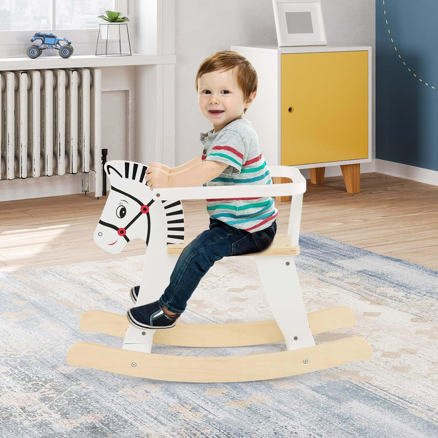 HONEY JOY Wooden Rocking Horse, Baby Ride on Toy W/Detachable Fences, 11-22 Degrees Gentle Rocking Motion, Comfy Seat & Backrest, Cute Patterns, Indoor Animal Rocker for Kids over 3 Years Old, White image number 6